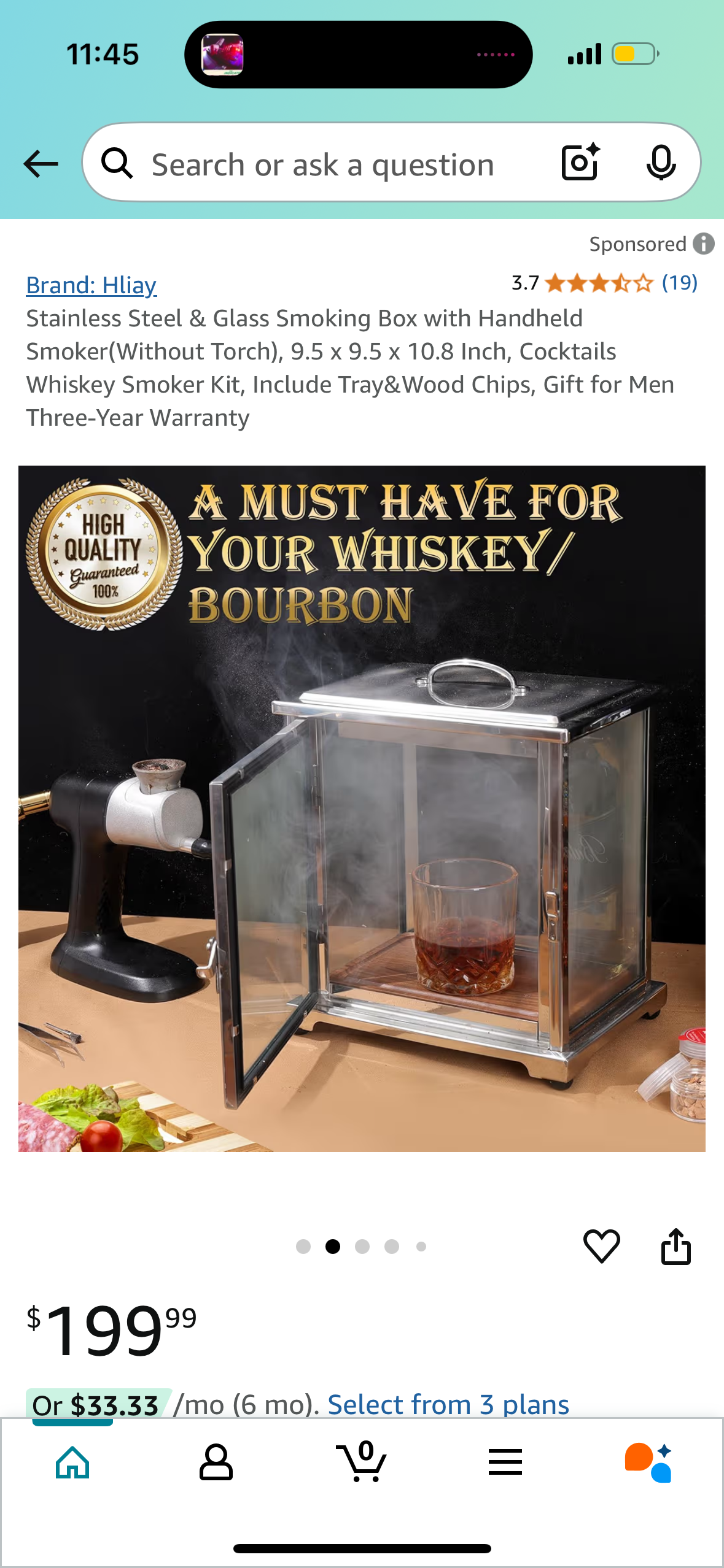 Stainless Steel & Glass Smoking Box with Handheld Smoker(Without Torch), 9.5 x 9.5 x 10.8 Inch, Cocktails Whiskey Smoker Kit, Include Tray&Wood Chips, Gift for Men Three-Year Warrantyv