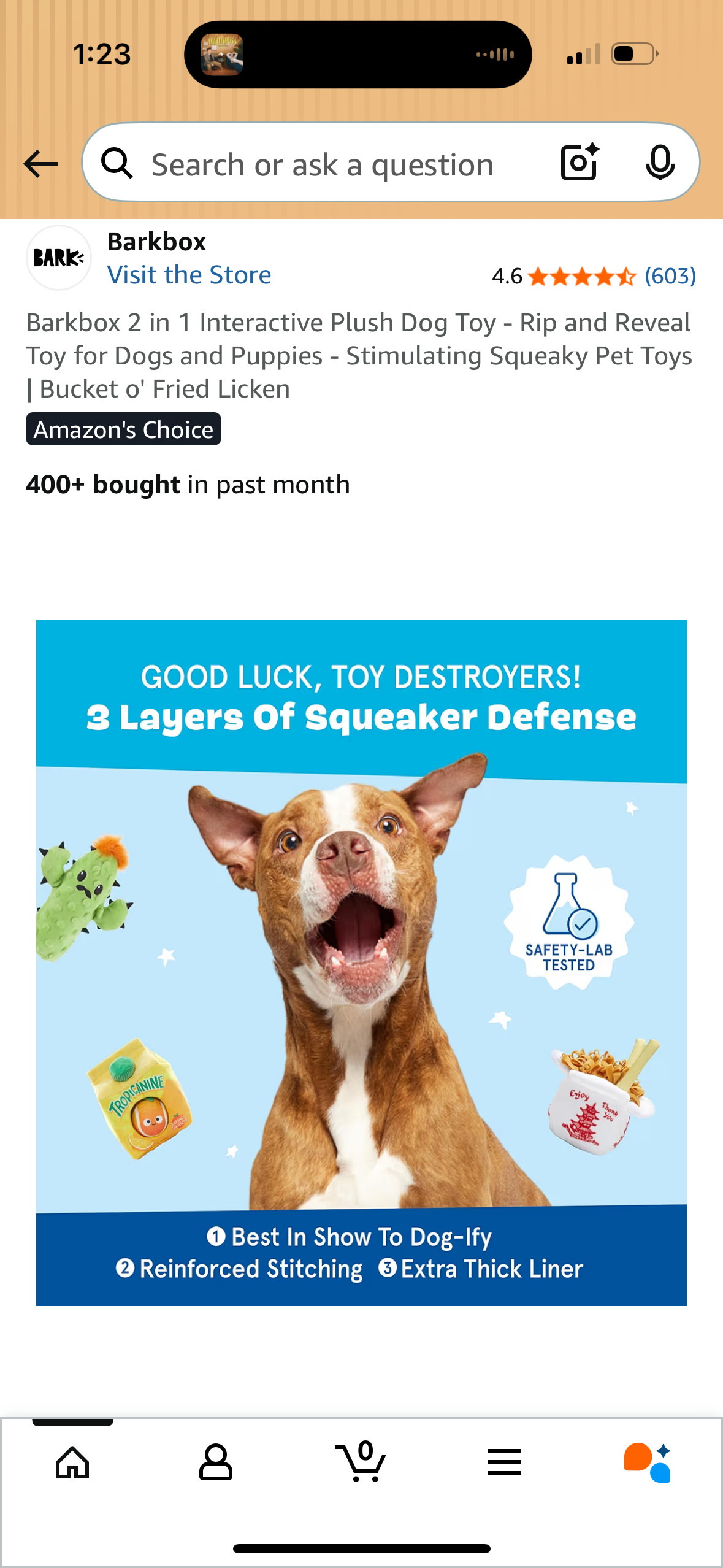 Barkbox 2 in 1 Interactive Plush Dog Toy - Rip and Reveal Toy for Dogs and Puppies - Stimulating Squeaky Pet Toys | Bucket o' Fried Licken