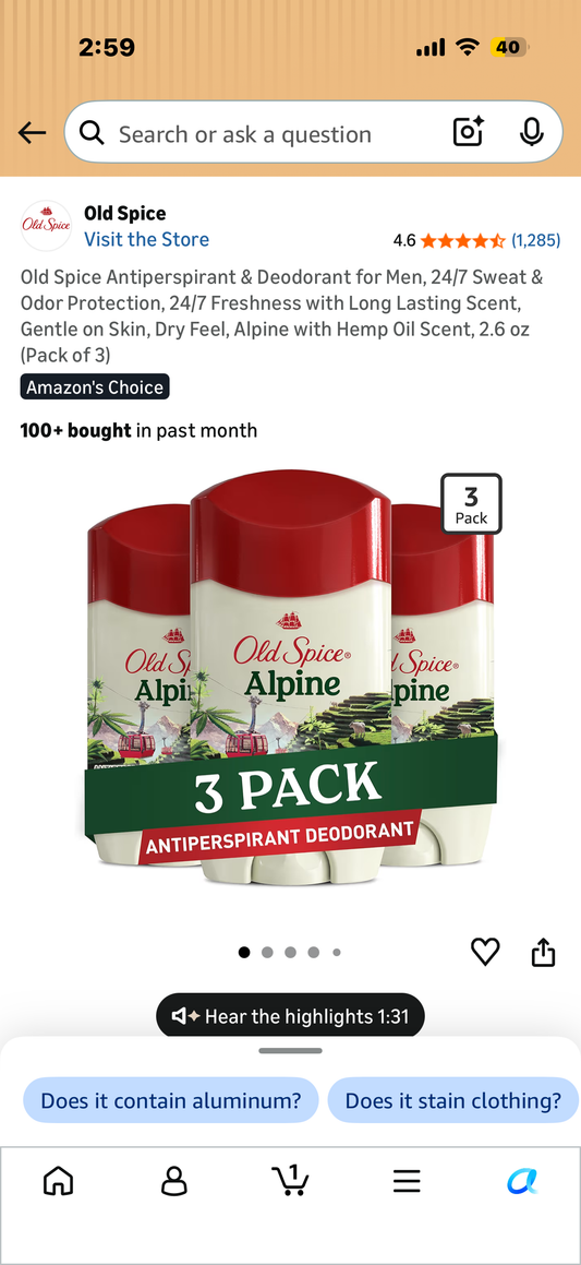 Old Spice Antiperspirant & Deodorant for Men, 24/7 Sweat & Odor Protection, 24/7 Freshness with Long Lasting Scent, Gentle on Skin, Dry Feel, Alpine with Hemp Oil Scent, 2.6 oz (Pack of 3