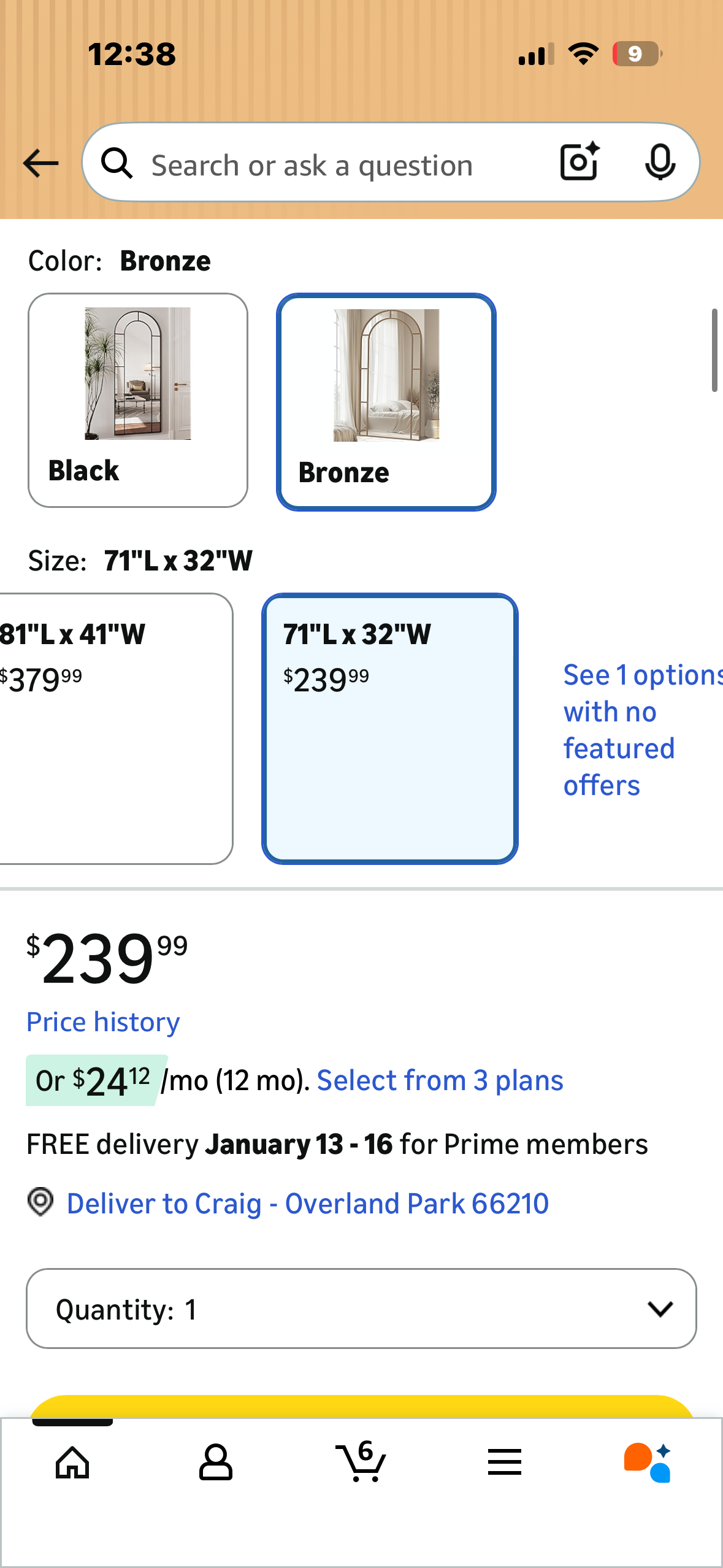 Antok 71" x 32" Full Length Mirror, Arched Decorative Mirror, Metal Framed Decor Art Pane Mirror Standing Mirror, for Bedroom, Living Room, Entryway, Btonze (M469)