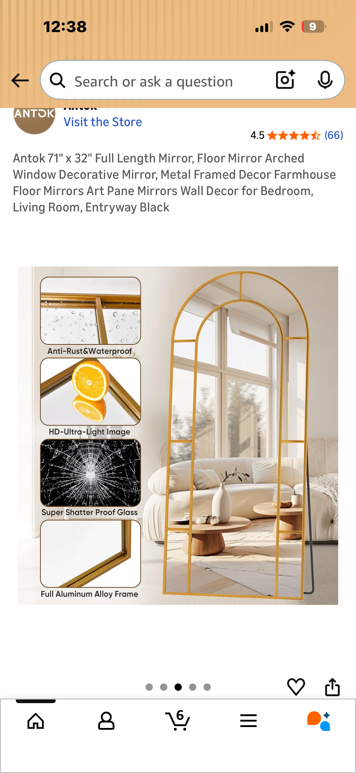 Antok 71" x 32" Full Length Mirror, Arched Decorative Mirror, Metal Framed Decor Art Pane Mirror Standing Mirror, for Bedroom, Living Room, Entryway, Btonze (M469)