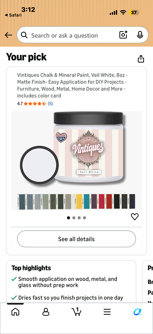 Vintiques Chalk & Mineral Paint, Veil White, 8oz - Matte Finish- Easy Application for DIY Projects - Furniture, Wood, Metal, Home Decor and More - includes color card