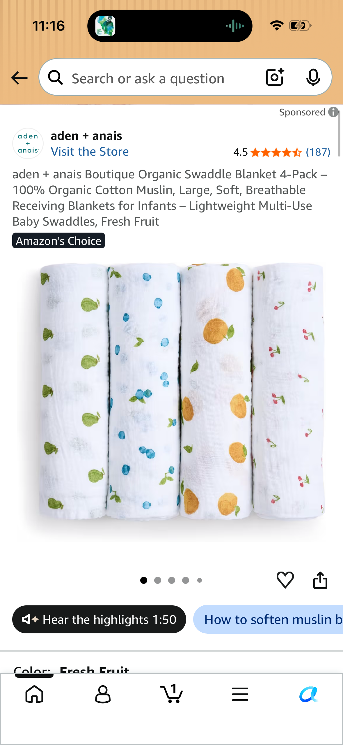 aden + anais Boutique Organic Swaddle Blanket 4-Pack – 100% Organic Cotton Muslin, Large, Soft, Breathable Receiving Blankets for Infants – Lightweight Multi-Use Baby Swaddles, Fresh Fruit