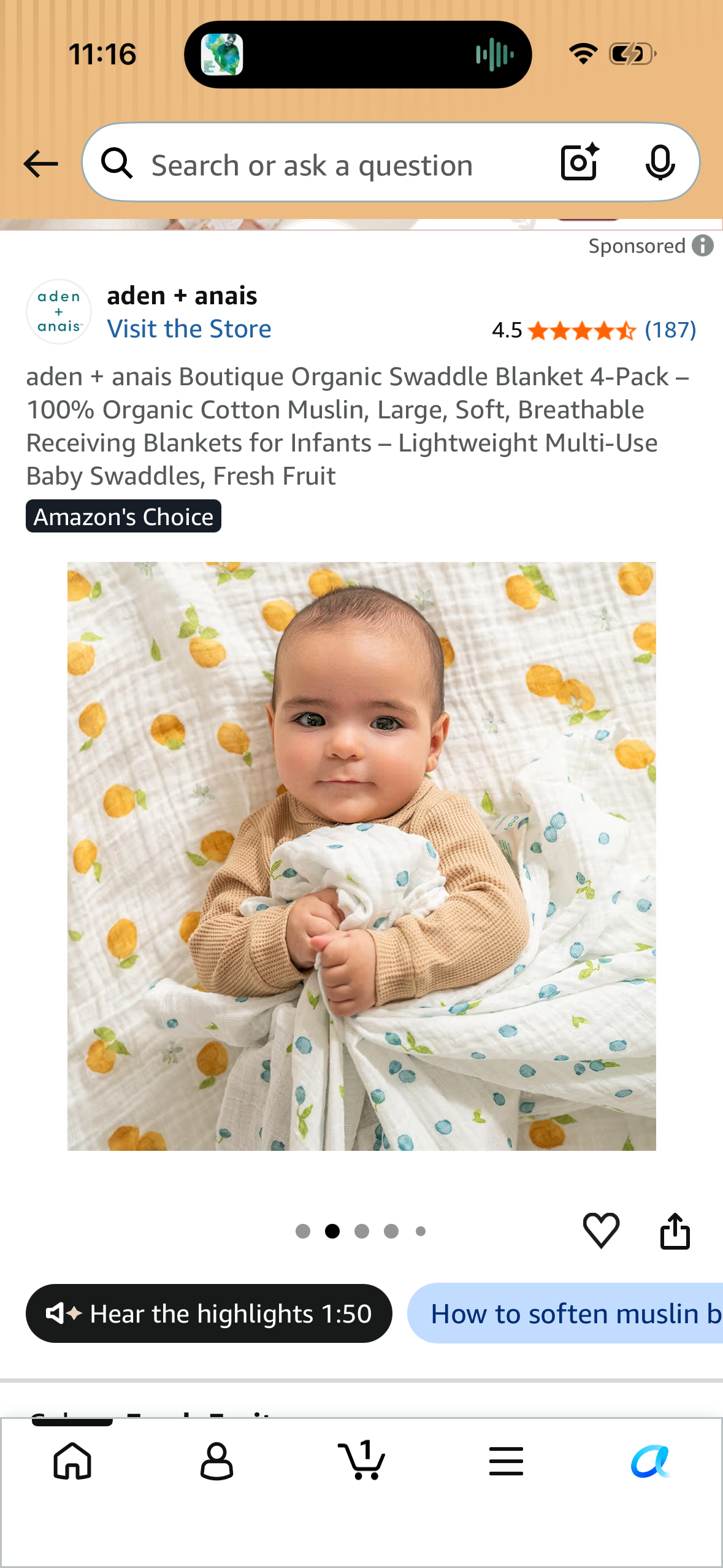 aden + anais Boutique Organic Swaddle Blanket 4-Pack – 100% Organic Cotton Muslin, Large, Soft, Breathable Receiving Blankets for Infants – Lightweight Multi-Use Baby Swaddles, Fresh Fruit