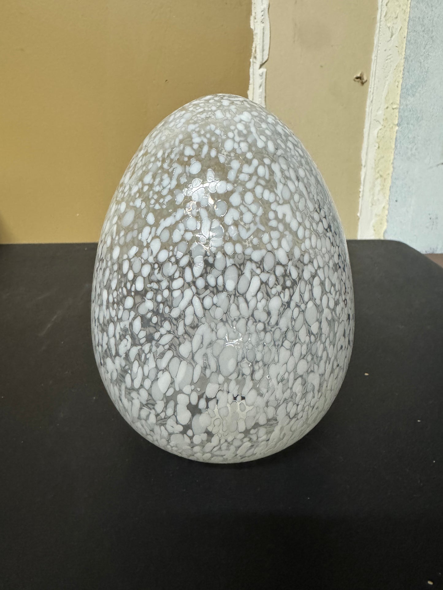 Egg Tabletop, Desk, Mantel Decorations for Home, Office, Classroom, Large 5" x 6", Speckled White Glass Egg