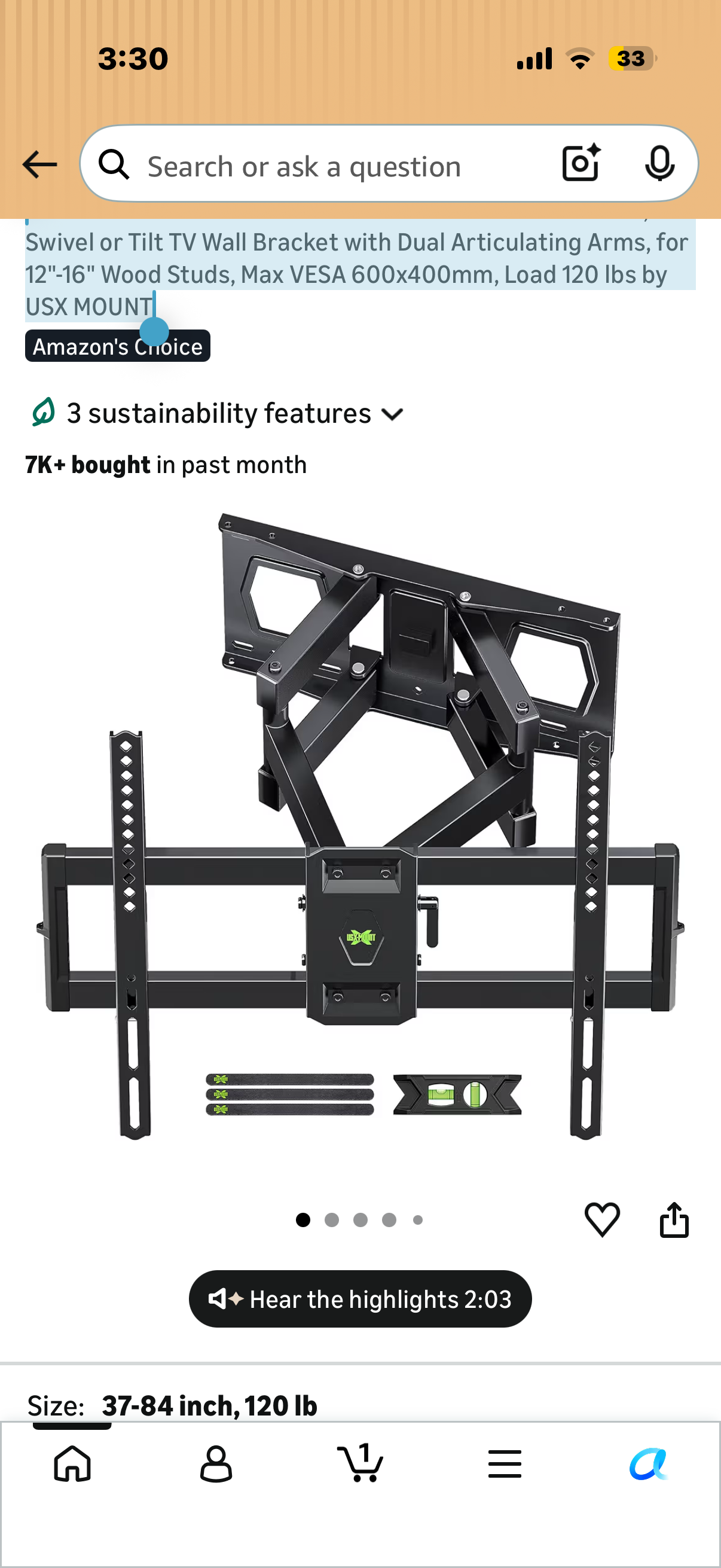Full Motion TV Wall Mount for Most 37"-84" Flat Screen TV, Swivel or Tilt TV Wall Bracket with Dual Articulating Arms, for 12"-16" Wood Studs, Max VESA 600x400mm, Load 120 lbs by USX MOUNT