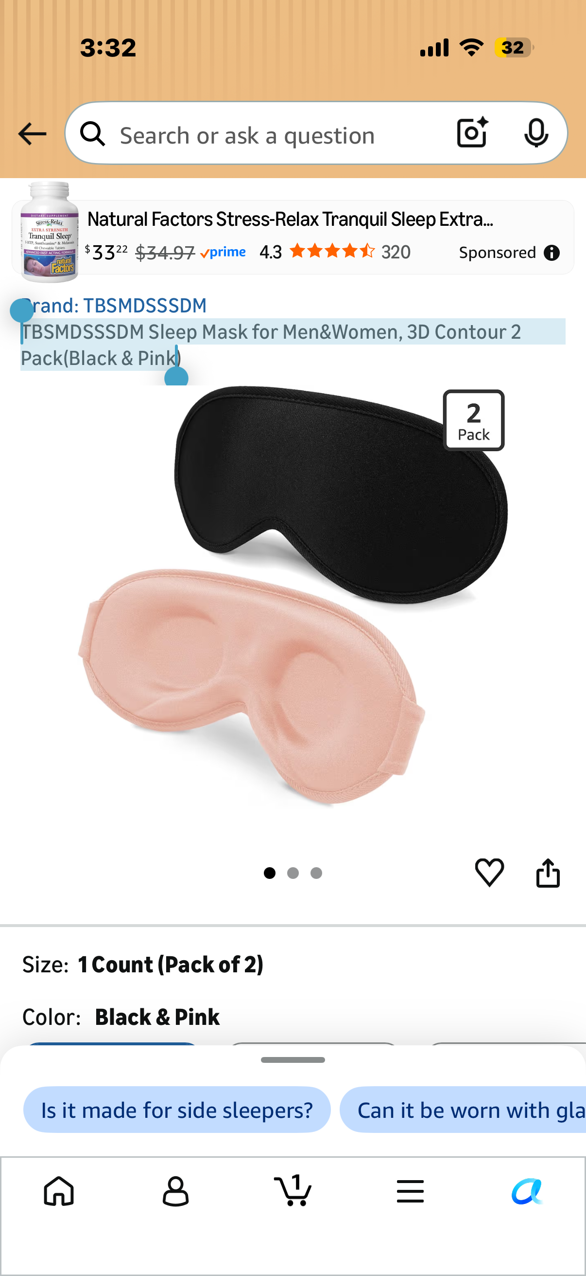 Sleep Mask for Men&Women, 3D Contour 2 Pack(Black & Pink