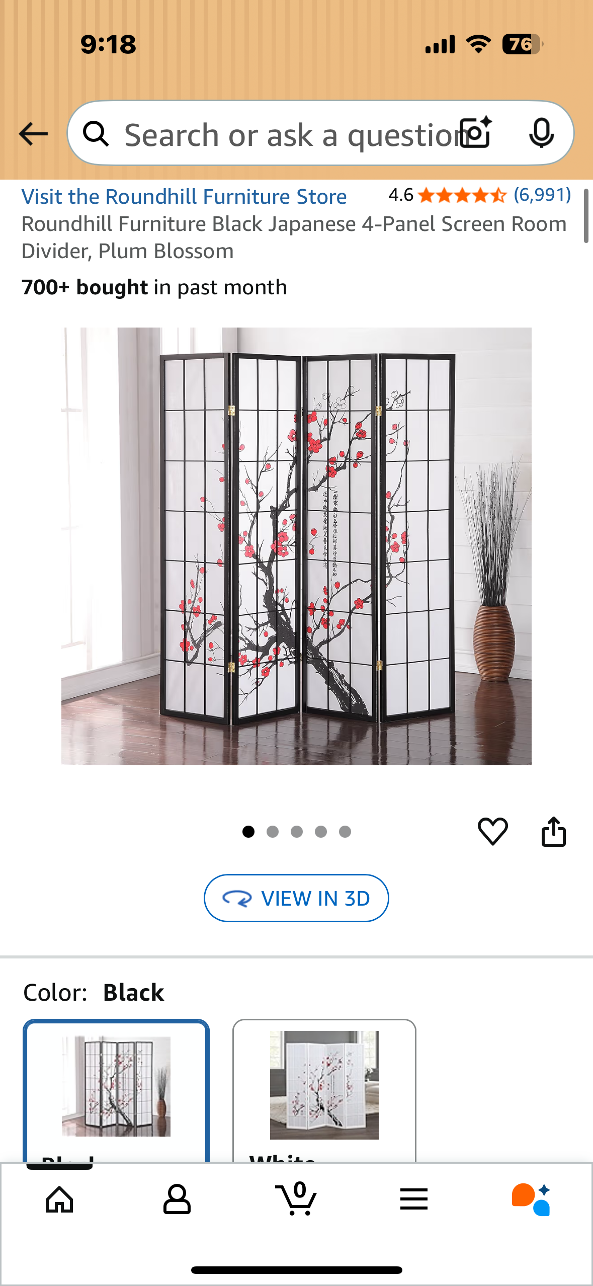 Roundhill Furniture Black Japanese 4-Panel Screen Room Divider, Plum Blossom (L1039)