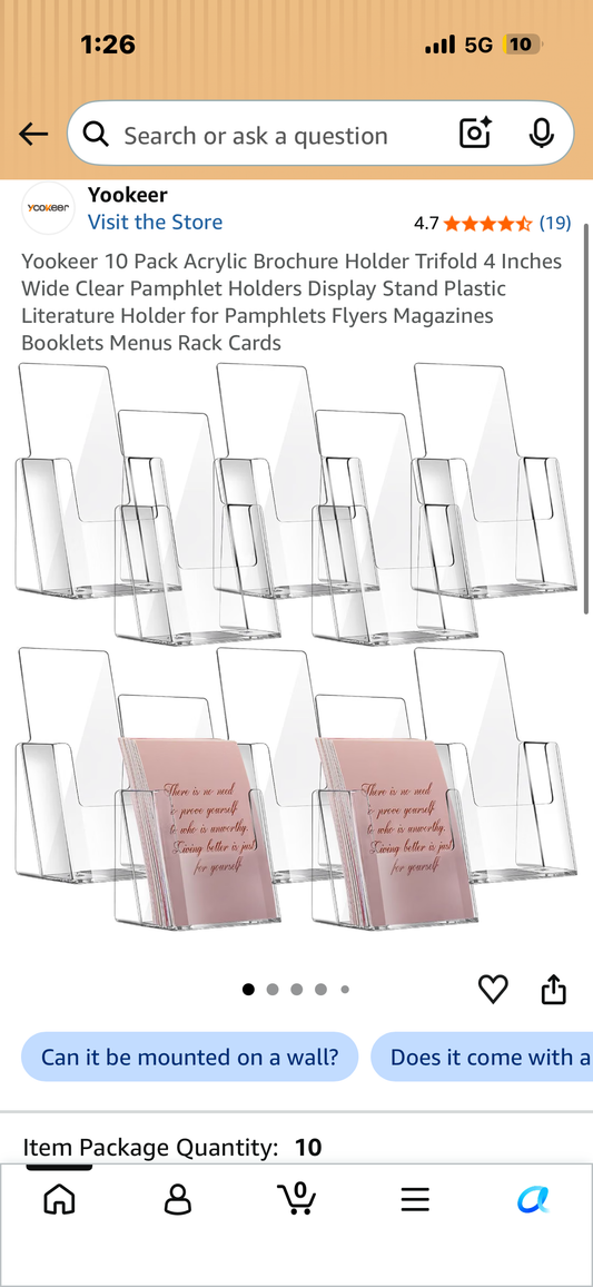 Yookeer 10 Pack Acrylic Brochure Holder, 4” Wide Clear Pamphlet Display Stand, Literature Holder for Pamphlets, Flyers, Magazines, Booklets, Menus, Rack Cards, etc