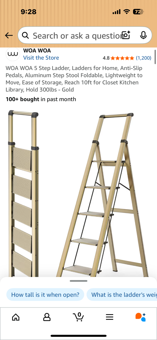 WOA WOA 5 Step Ladder, Anti-Slip Pedals, Aluminum Step Stool, Foldable, Lightweight, Easy to Store, 10ft Reach, 300lbs Capacity- Gold (G874)