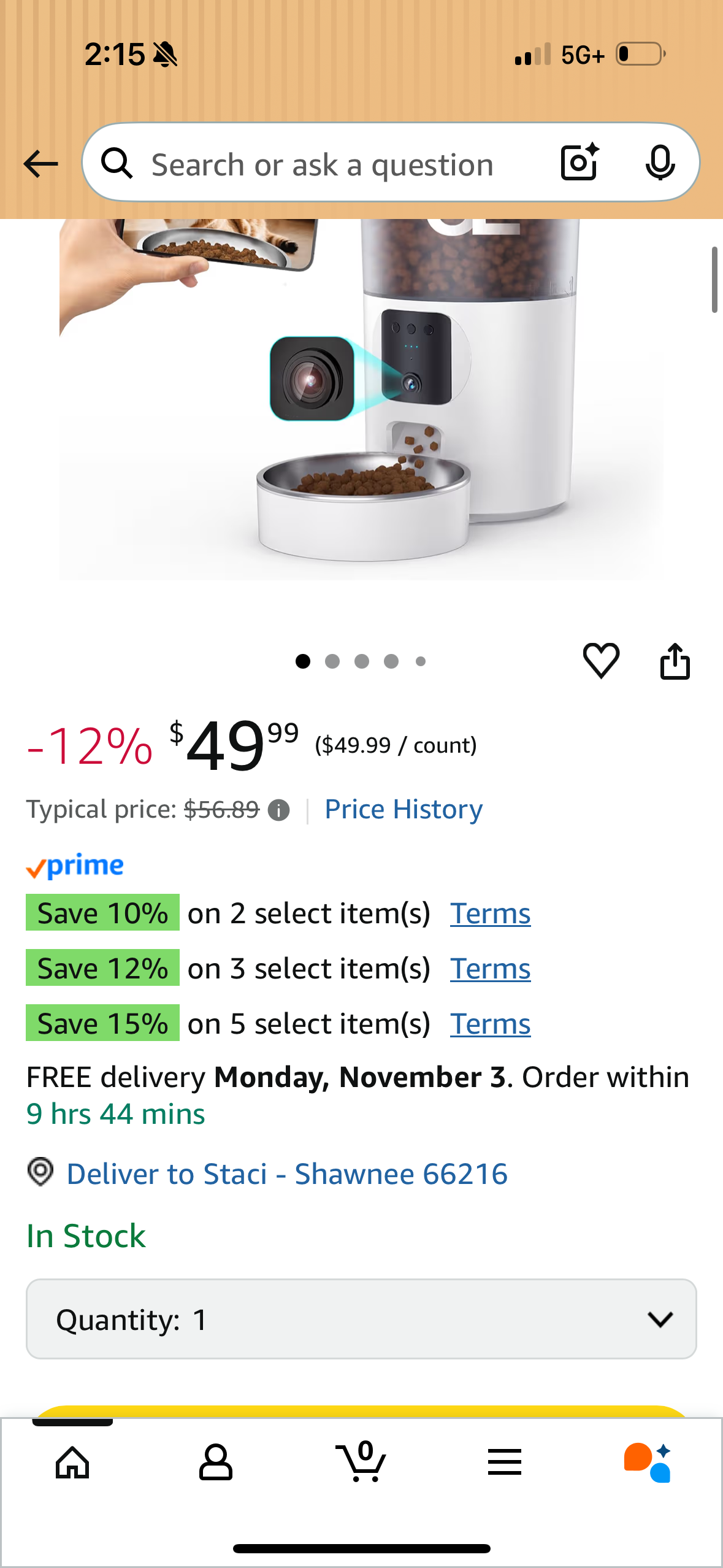 Automatic Cat Feeder with 1080P Camera, Two-Way Audio, APP Timed Auto Control Meals, 6L Dry Food Dispenser, 2.4G / 5G WiFi