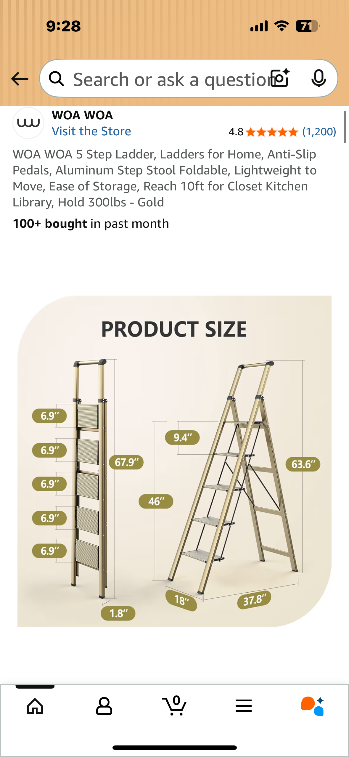 WOA WOA 5 Step Ladder, Anti-Slip Pedals, Aluminum Step Stool, Foldable, Lightweight, Easy to Store, 10ft Reach, 300lbs Capacity- Gold (G874)