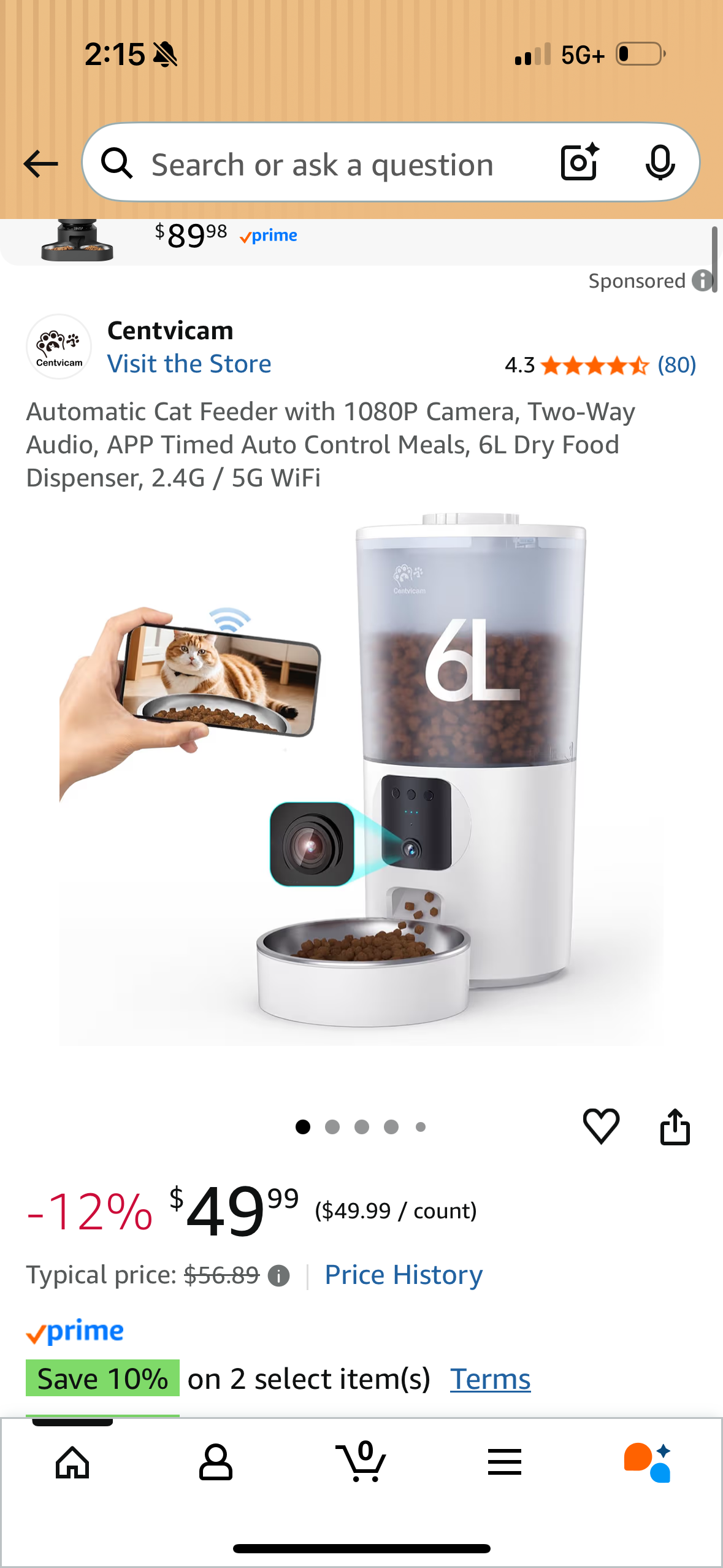 Automatic Cat Feeder with 1080P Camera, Two-Way Audio, APP Timed Auto Control Meals, 6L Dry Food Dispenser, 2.4G / 5G WiFi