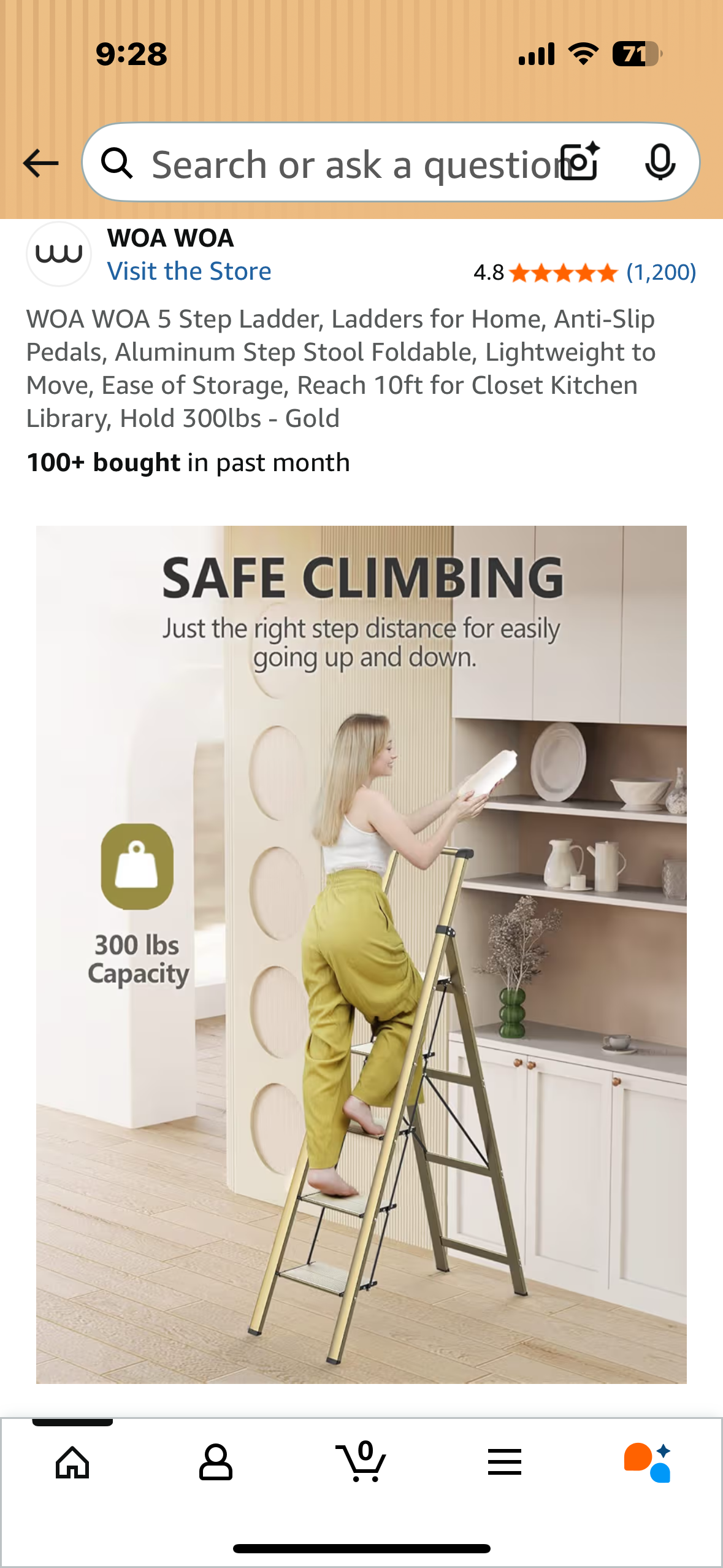 WOA WOA 5 Step Ladder, Anti-Slip Pedals, Aluminum Step Stool, Foldable, Lightweight, Easy to Store, 10ft Reach, 300lbs Capacity- Gold (G874)