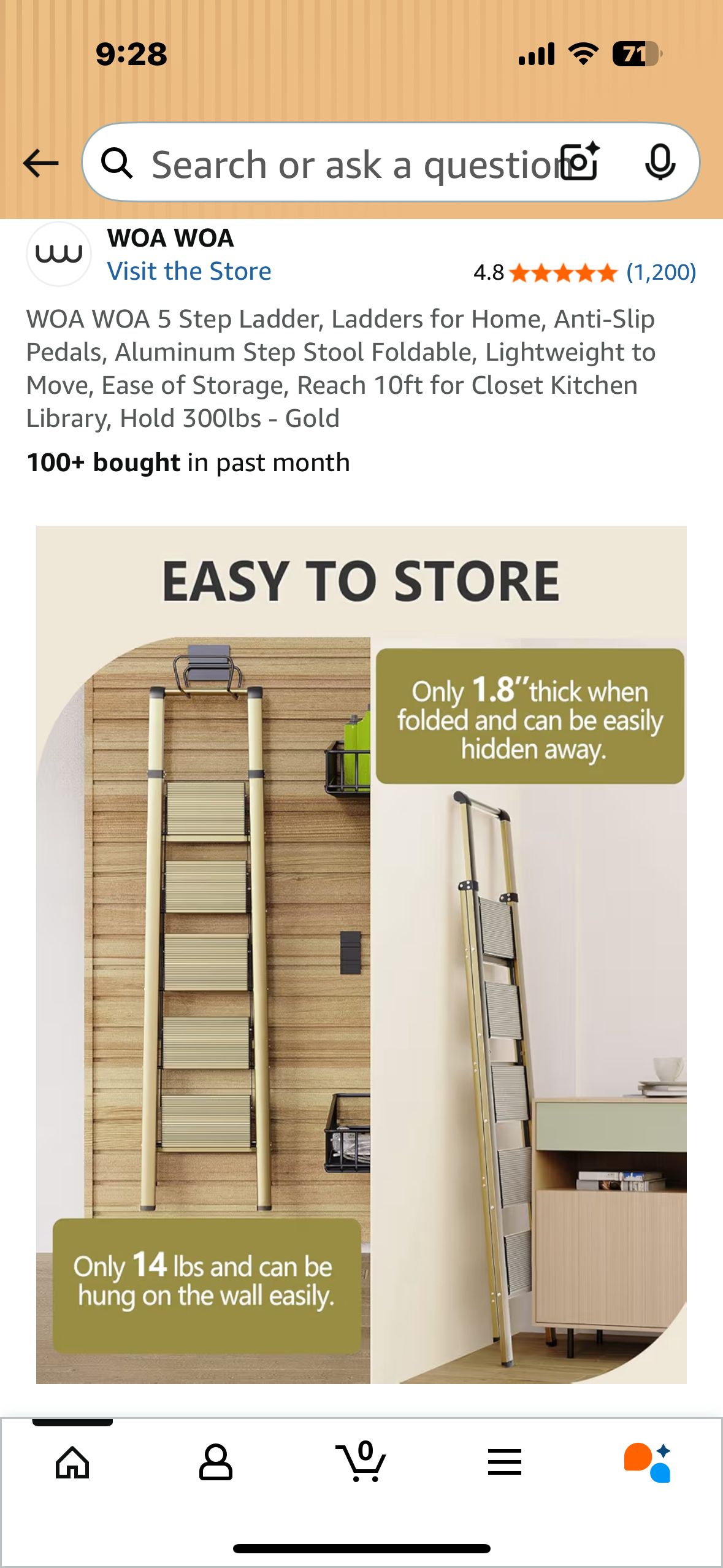 WOA WOA 5 Step Ladder, Anti-Slip Pedals, Aluminum Step Stool, Foldable, Lightweight, Easy to Store, 10ft Reach, 300lbs Capacity- Gold (G874)