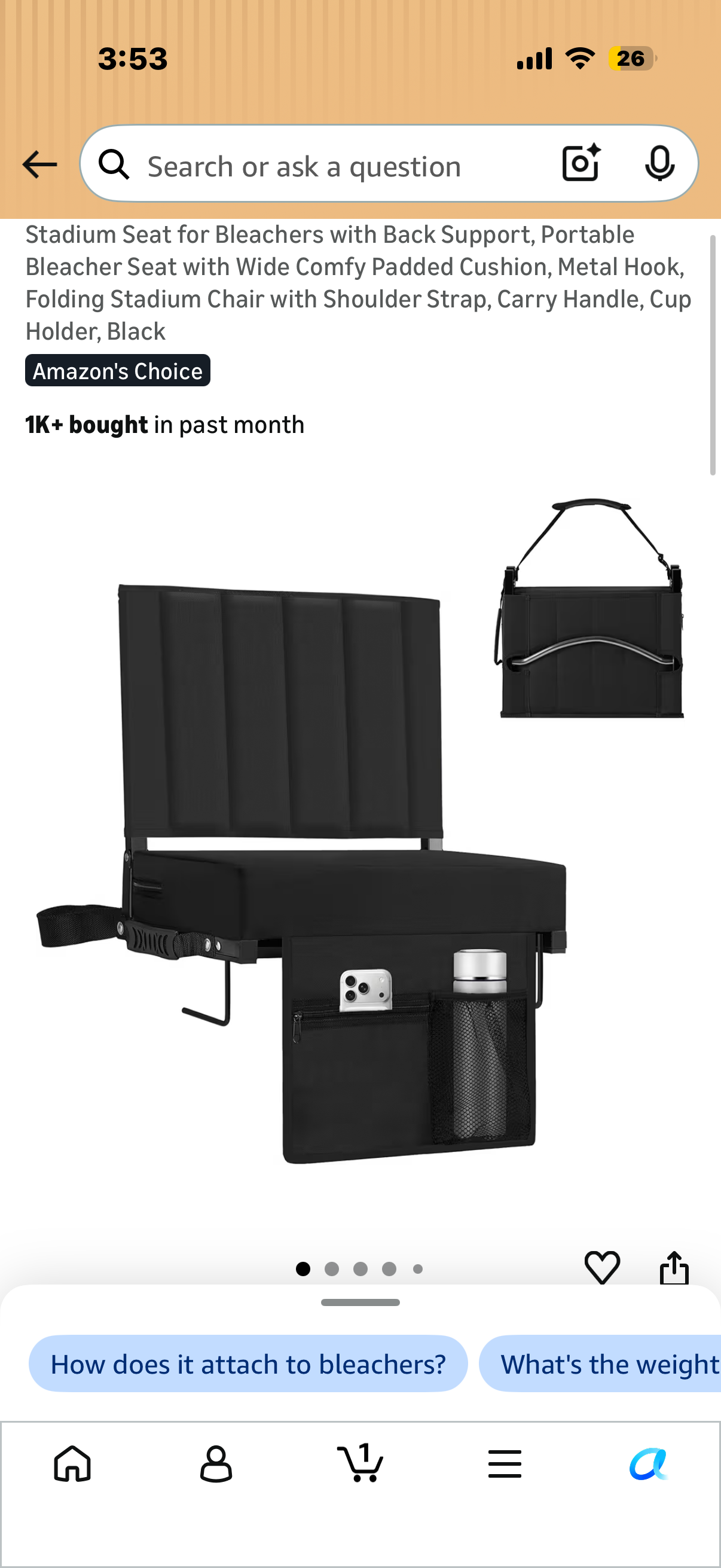 Stadium Seat for Bleachers with Back Support, Portable Bleacher Seat with Wide Comfy Padded Cushion, Metal Hook, Folding Stadium Chair with Shoulder Strap, Carry Handle, Cup Holder, Black
