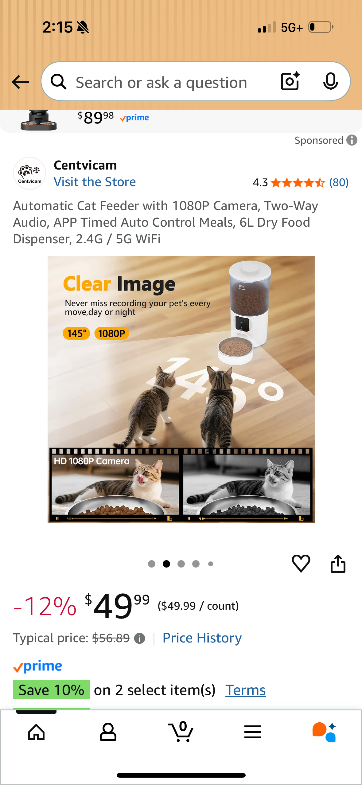 Automatic Cat Feeder with 1080P Camera, Two-Way Audio, APP Timed Auto Control Meals, 6L Dry Food Dispenser, 2.4G / 5G WiFi