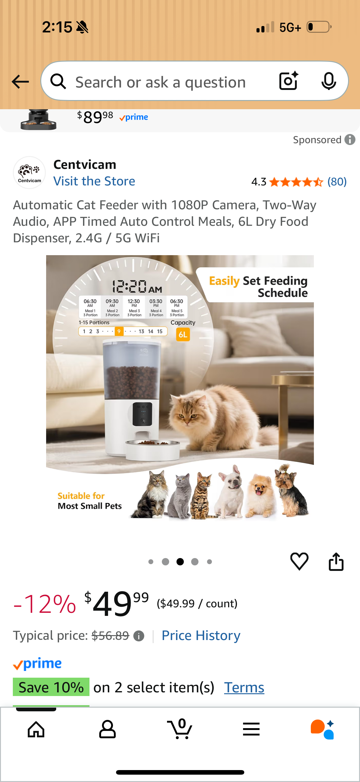 Automatic Cat Feeder with 1080P Camera, Two-Way Audio, APP Timed Auto Control Meals, 6L Dry Food Dispenser, 2.4G / 5G WiFi