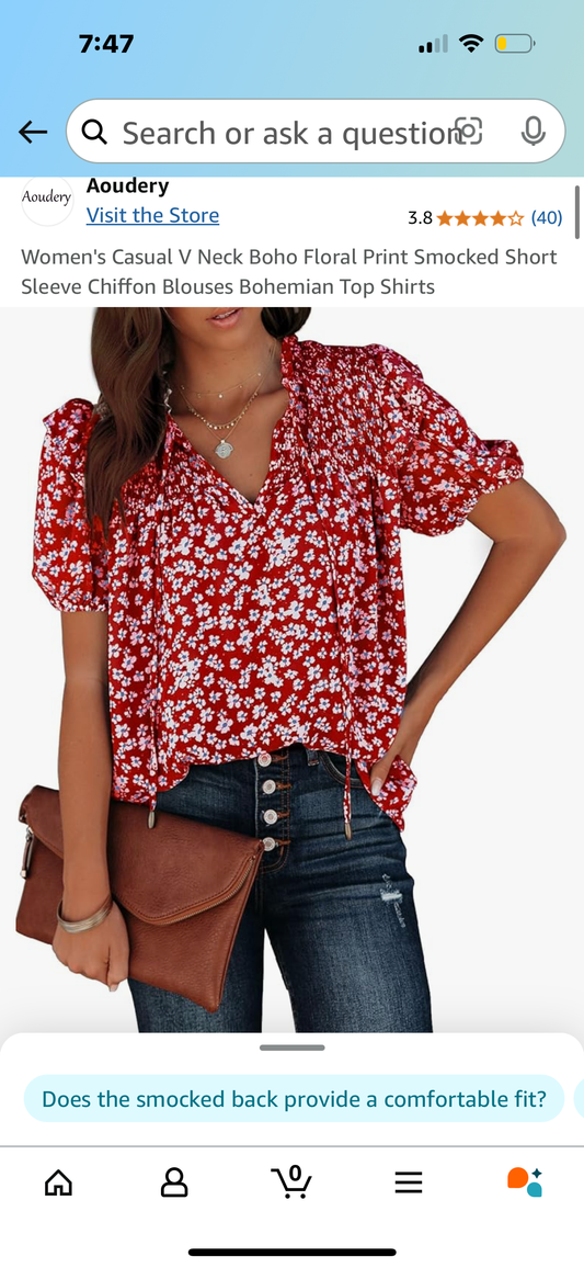 Women's Casual V Neck Boho Floral Print Smocked Short Sleeve Chiffon Blouses Bohemian Top Shirts Size Medium