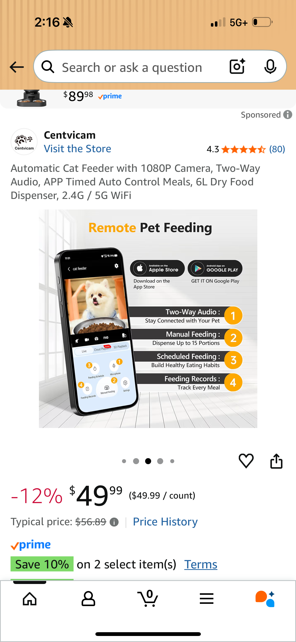 Automatic Cat Feeder with 1080P Camera, Two-Way Audio, APP Timed Auto Control Meals, 6L Dry Food Dispenser, 2.4G / 5G WiFi