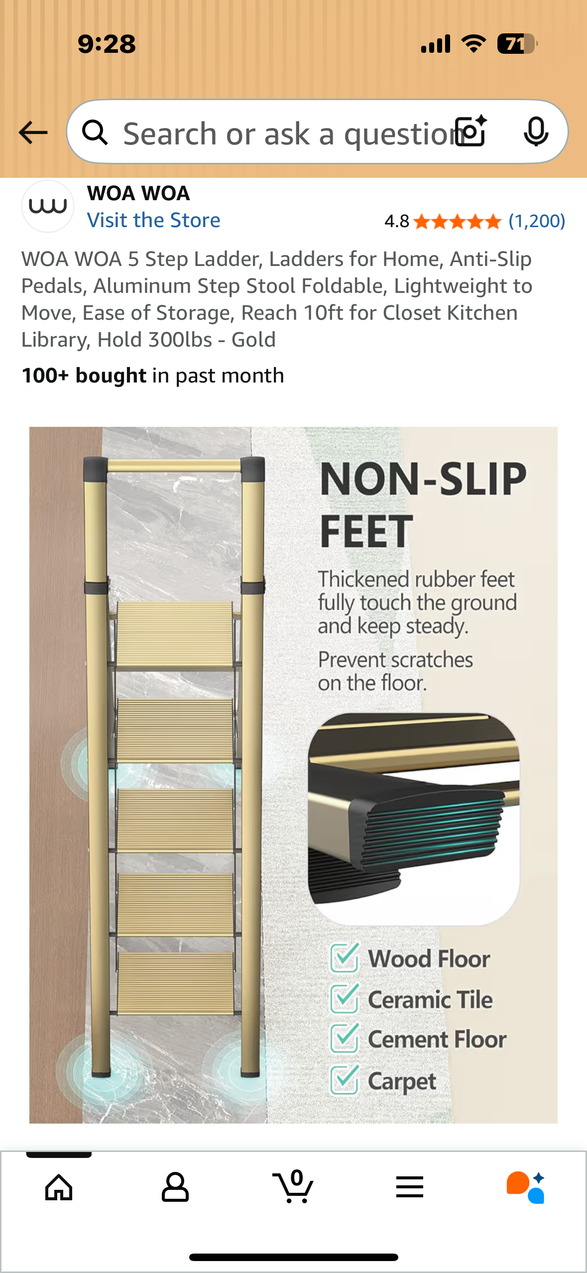 WOA WOA 5 Step Ladder, Anti-Slip Pedals, Aluminum Step Stool, Foldable, Lightweight, Easy to Store, 10ft Reach, 300lbs Capacity- Gold (G874)