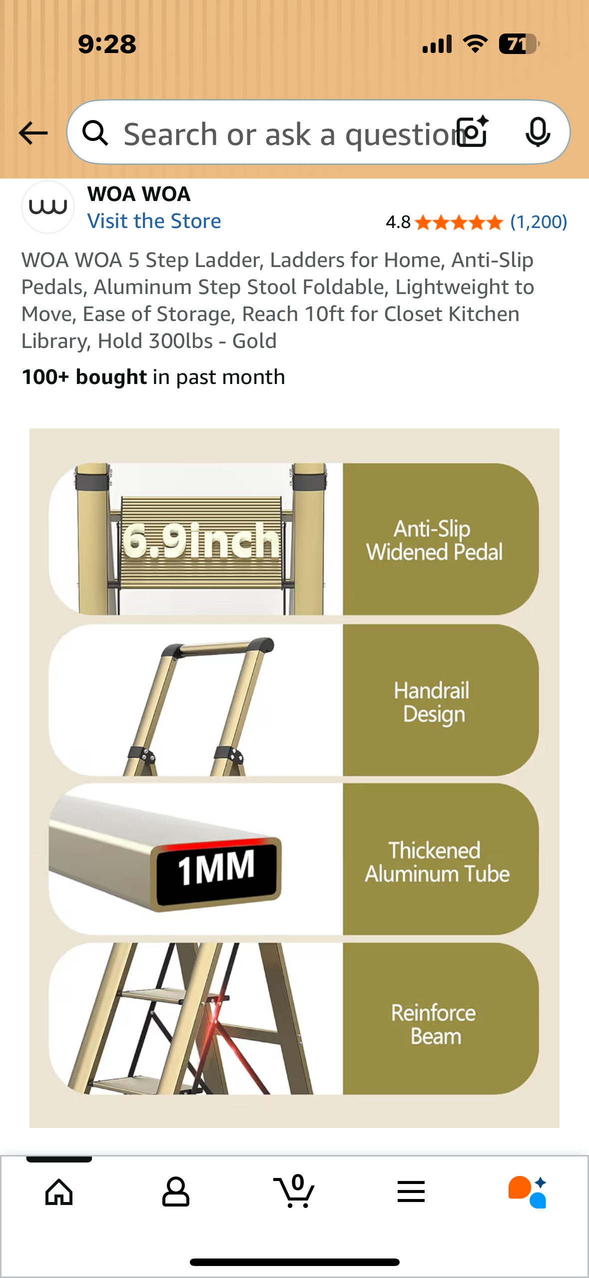 WOA WOA 5 Step Ladder, Anti-Slip Pedals, Aluminum Step Stool, Foldable, Lightweight, Easy to Store, 10ft Reach, 300lbs Capacity- Gold (G874)