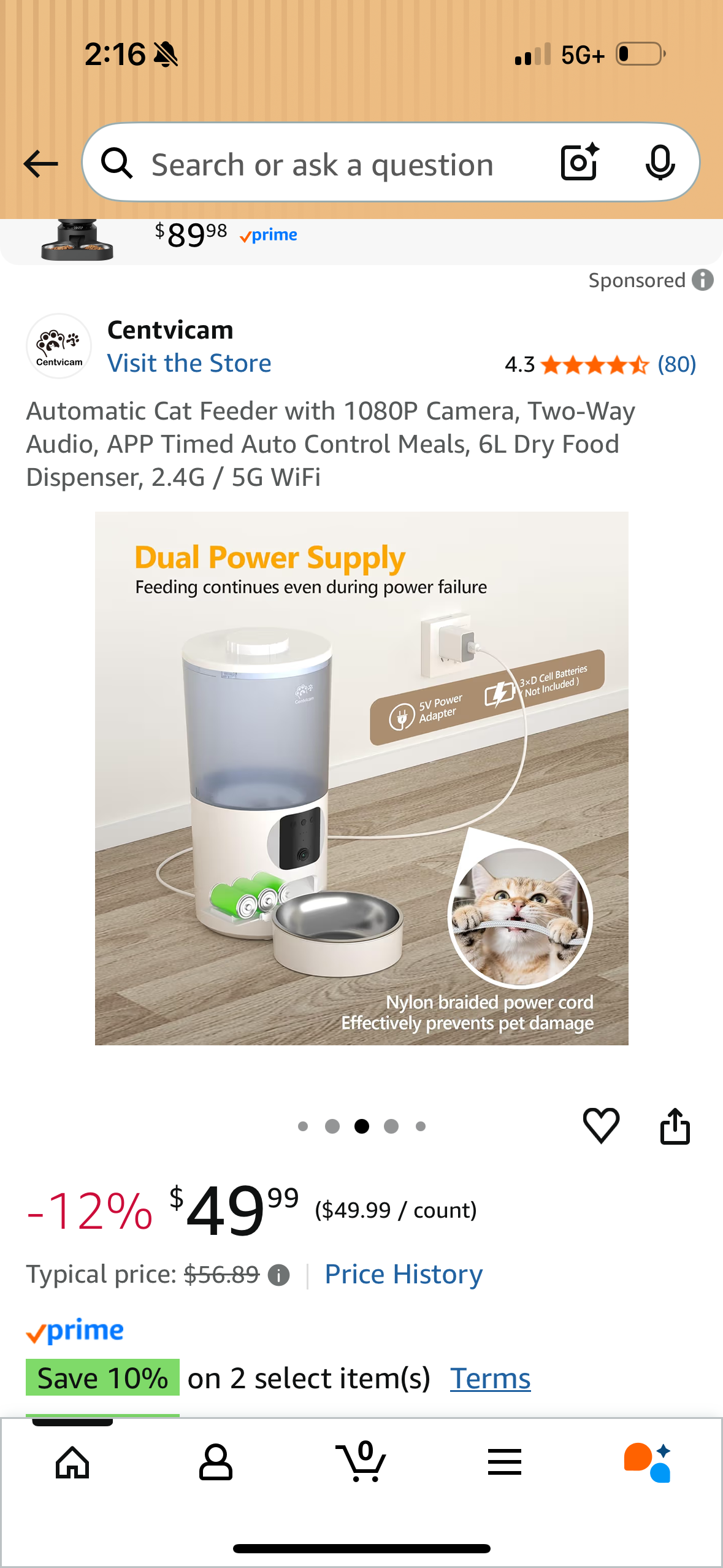 Automatic Cat Feeder with 1080P Camera, Two-Way Audio, APP Timed Auto Control Meals, 6L Dry Food Dispenser, 2.4G / 5G WiFi