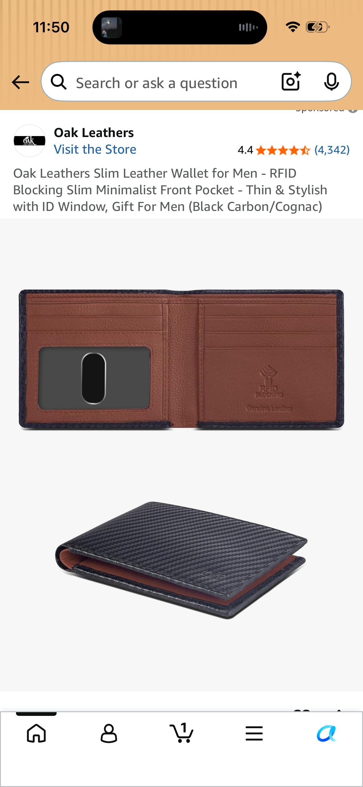 Oak Leathers Slim Leather Wallet for Men - RFID Blocking Slim Minimalist Front Pocket - Thin & Stylish with ID Window, Gift For Men (Black Carbon/Cognac)