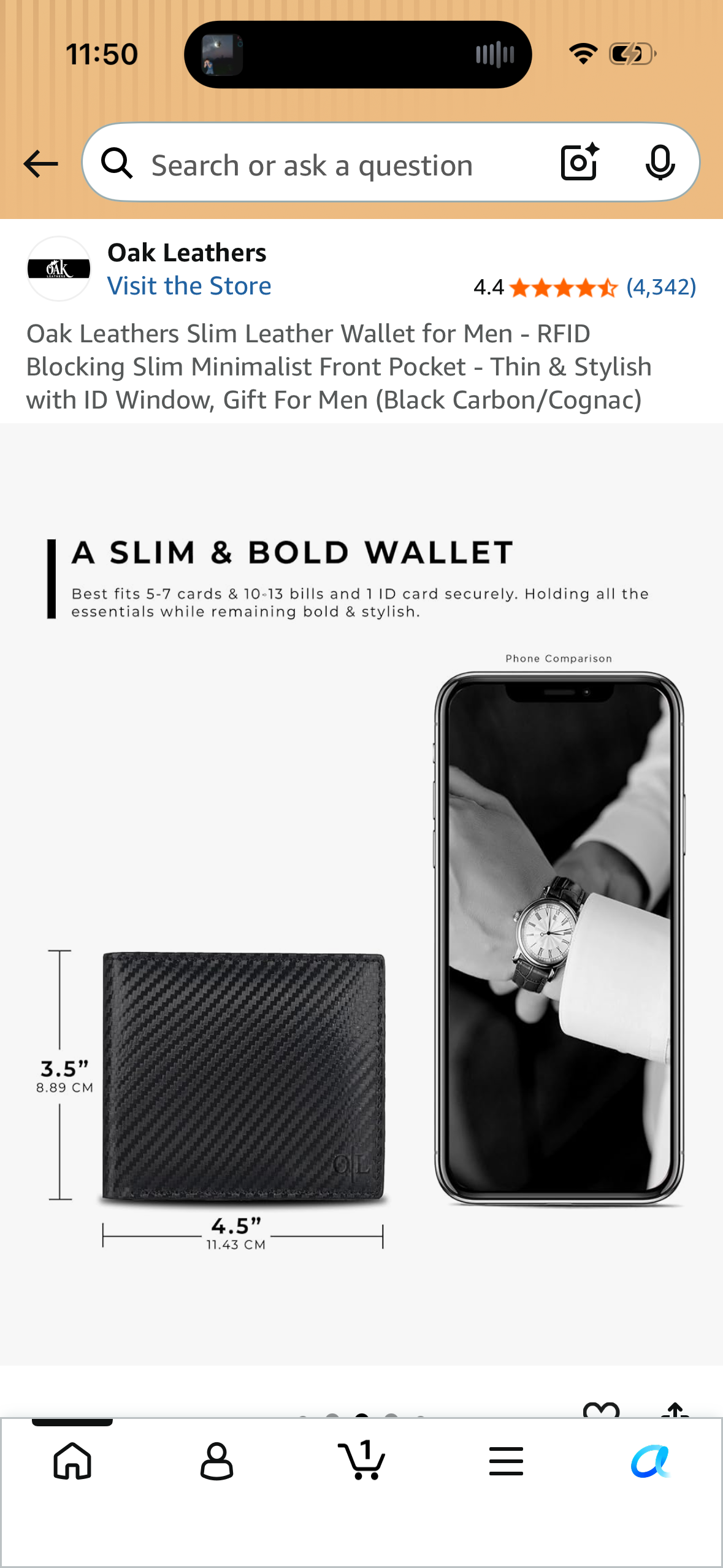 Oak Leathers Slim Leather Wallet for Men - RFID Blocking Slim Minimalist Front Pocket - Thin & Stylish with ID Window, Gift For Men (Black Carbon/Cognac)