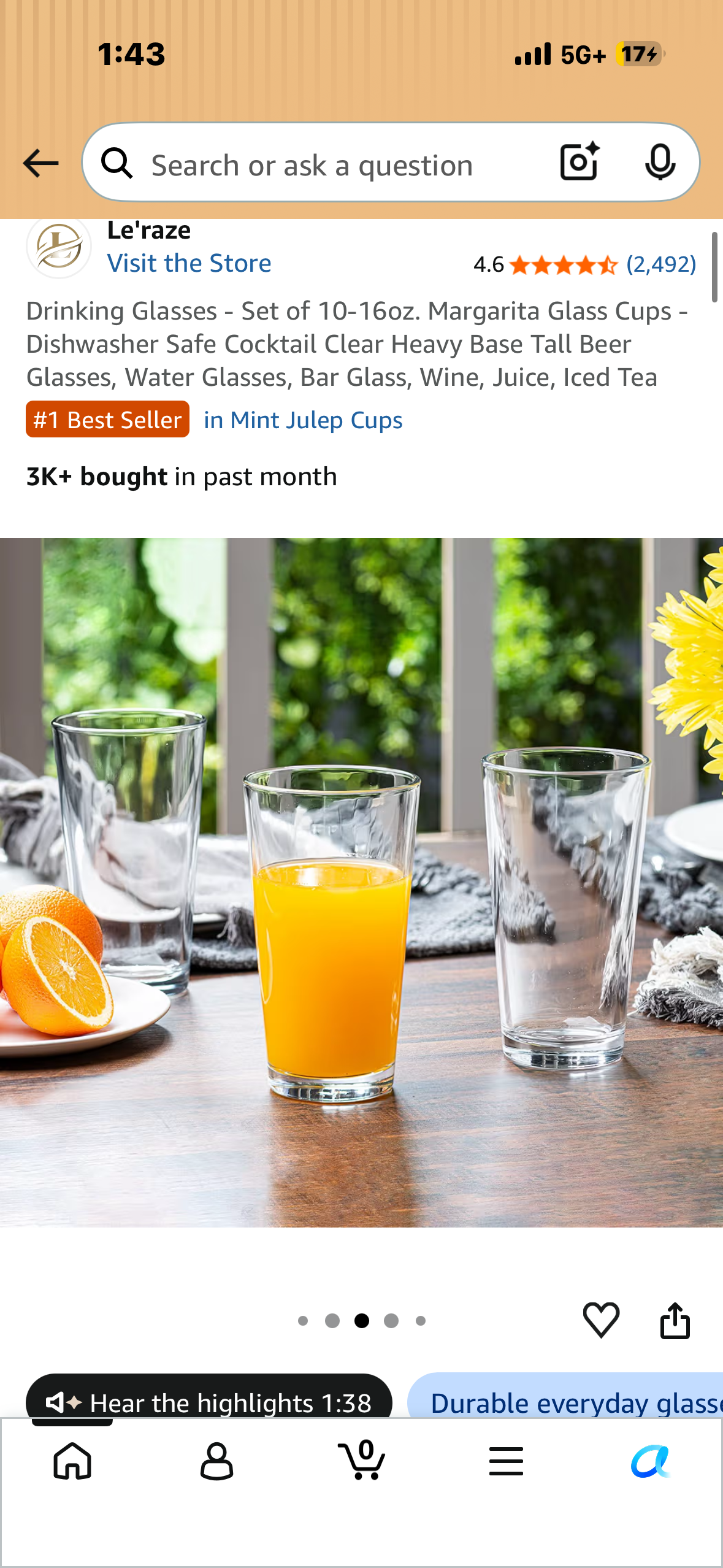 Drinking Glasses - Set of 10-16oz. Margarita Glass Cups - Dishwasher Safe Cocktail Clear Heavy Base Tall Beer Glasses, Water Glasses, Bar Glass, Wine, Juice, Iced Tea