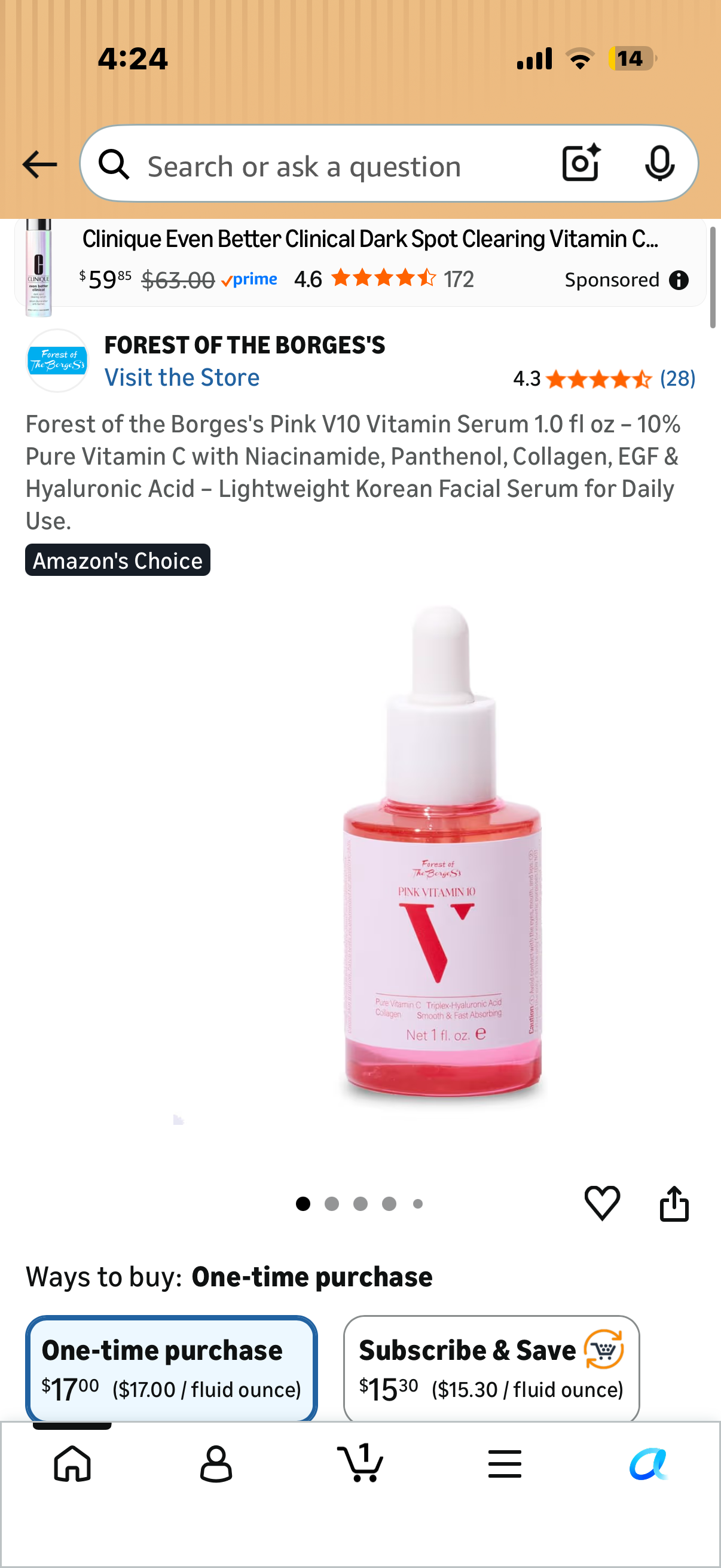 Forest of the Borges's Pink V10 Vitamin Serum 1.0 fl oz – 10% Pure Vitamin C with Niacinamide, Panthenol, Collagen, EGF & Hyaluronic Acid – Lightweight Korean Facial Serum for Daily Use