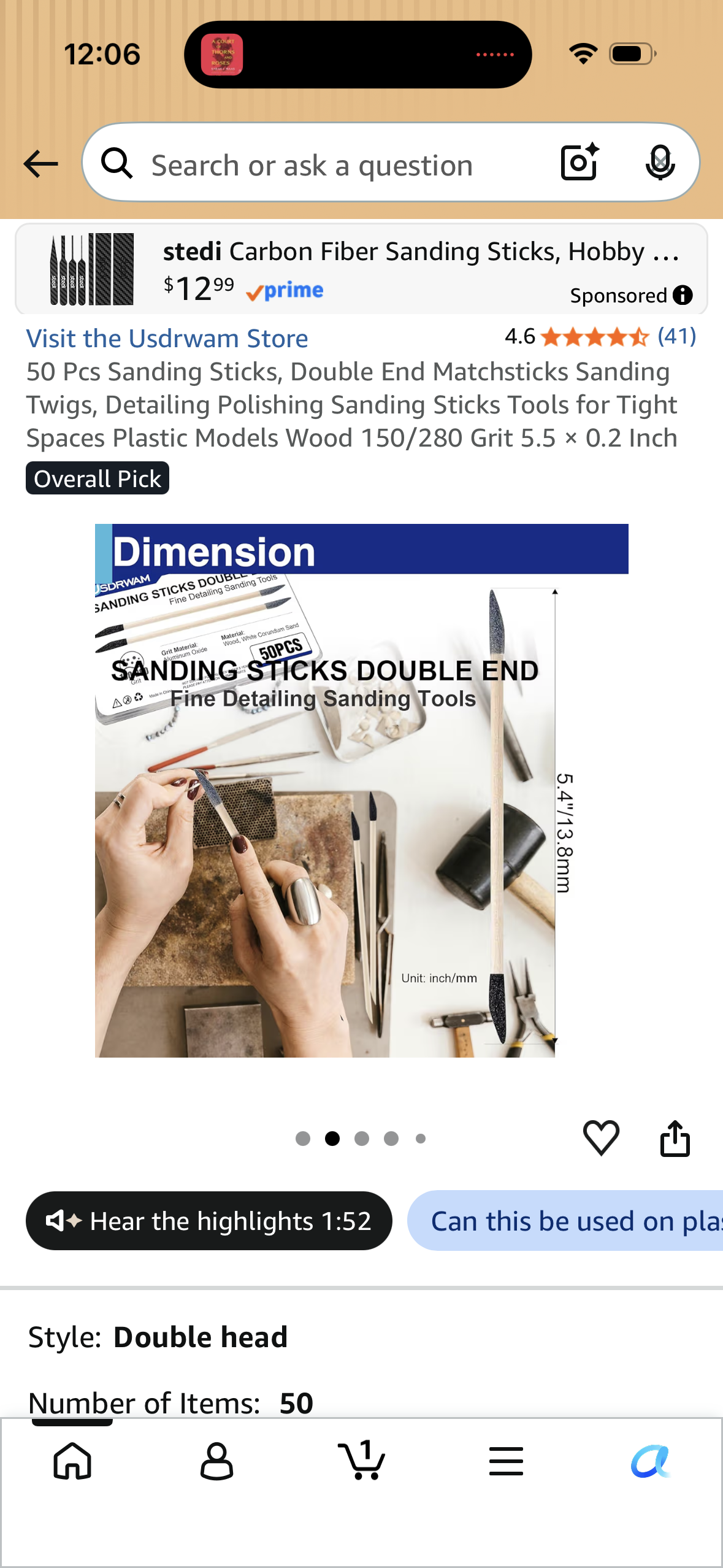 50 Pcs Sanding Sticks, Double End Matchsticks Sanding Twigs, Detailing Polishing Sanding Sticks Tools for Tight Spaces Plastic Models Wood 150 Grit 5.5 × 0.2 Inch