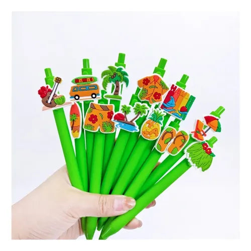 QFSH Creative Design Silicone Topper Ballpoint Pens Fun Writing Pen for School Office Supplies 1mm Black Ink, 12 Pack (Hawaii)
