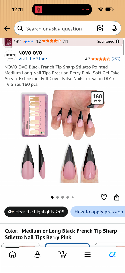 NOVO OVO Black French Tip Sharp Stiletto Pointed Medium Long Nail Tips Press on Berry Pink, Soft Gel Fake Acrylic Extension, Full Cover False Nails for Salon DIY x 16 Sizes 160 pcs