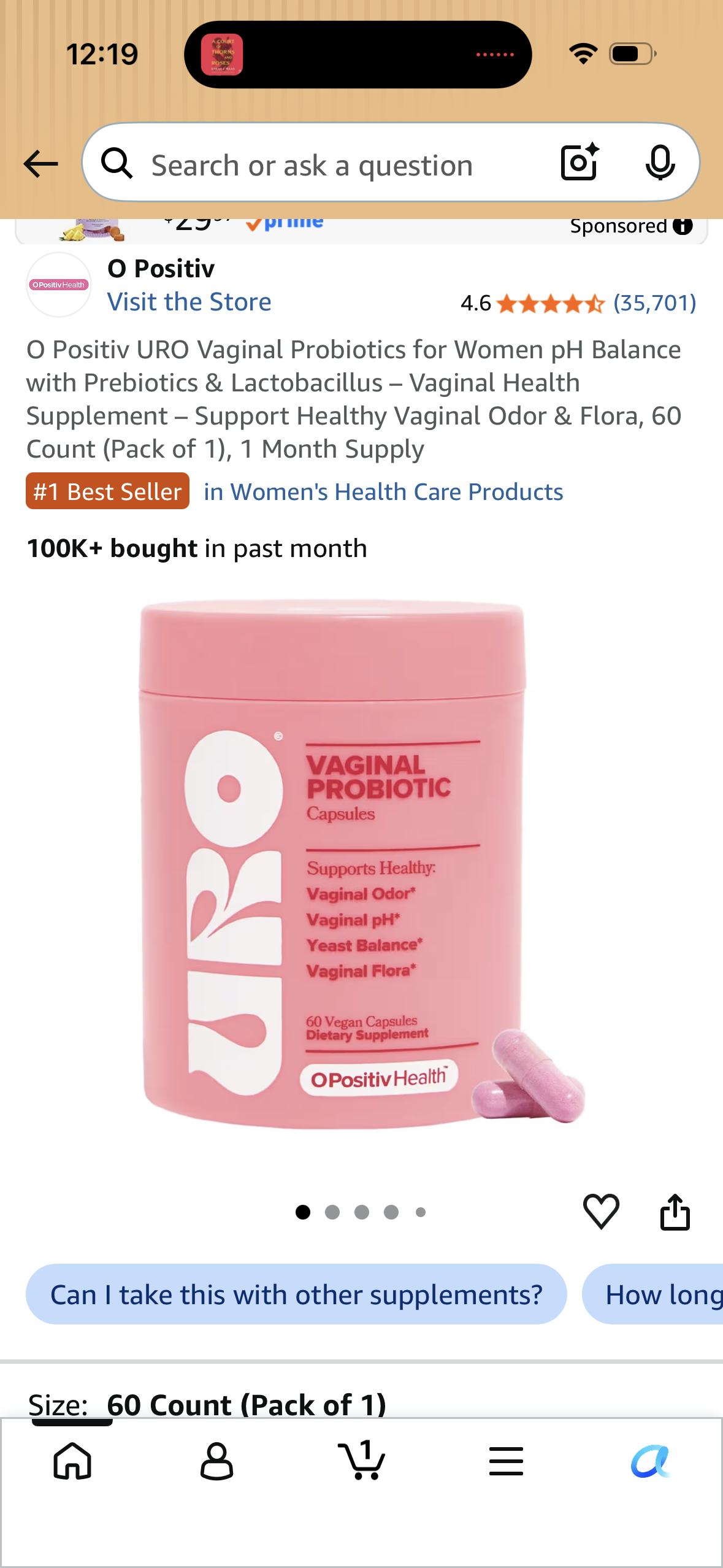 O Positiv URO Vaginal Probiotics for Women pH Balance with Prebiotics & Lactobacillus – Vaginal Health Supplement – Support Healthy Vaginal Odor & Flora, 60 Count (Pack of 1), 1 Month Supply