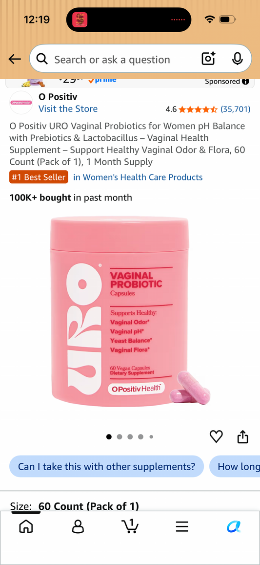 O Positiv URO Vaginal Probiotics for Women pH Balance with Prebiotics & Lactobacillus – Vaginal Health Supplement – Support Healthy Vaginal Odor & Flora, 60 Count (Pack of 1), 1 Month Supply