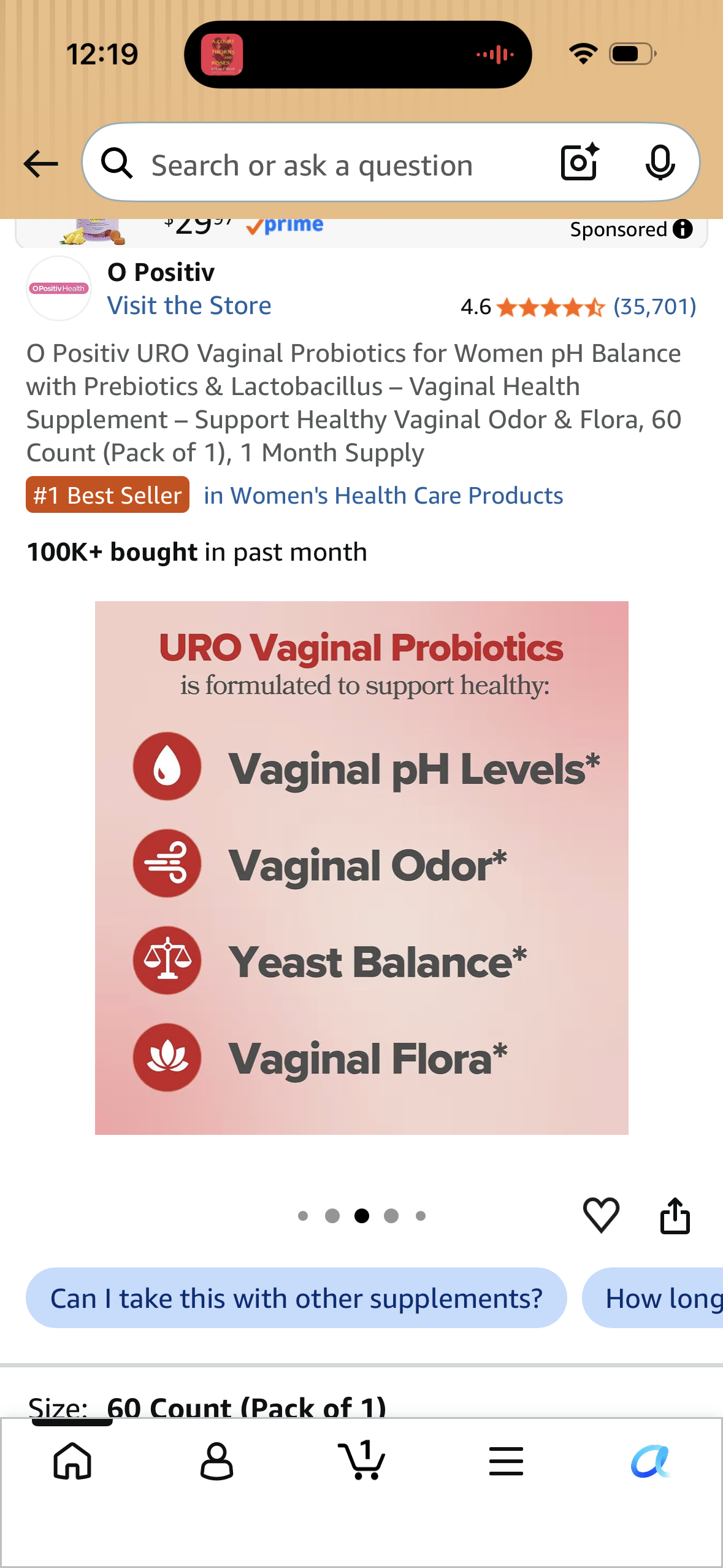 O Positiv URO Vaginal Probiotics for Women pH Balance with Prebiotics & Lactobacillus – Vaginal Health Supplement – Support Healthy Vaginal Odor & Flora, 60 Count (Pack of 1), 1 Month Supply