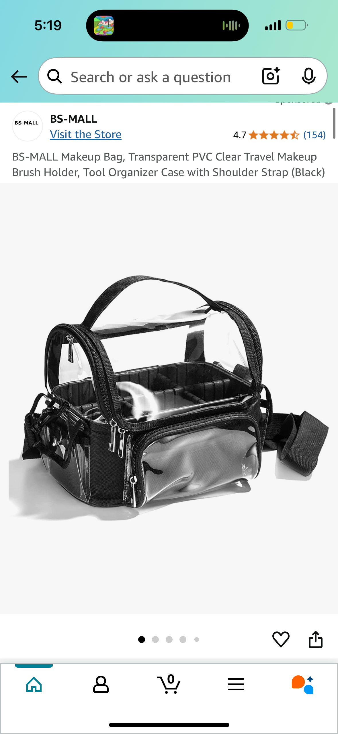 Makeup Bag, Transparent PVC Clear Travel Makeup Brush Holder, Tool Organizer Case with Shoulder Strap (Black)