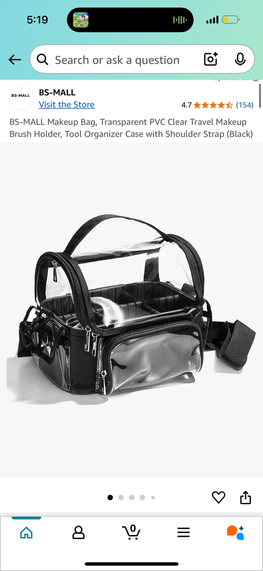 Makeup Bag, Transparent PVC Clear Travel Makeup Brush Holder, Tool Organizer Case with Shoulder Strap (Black)