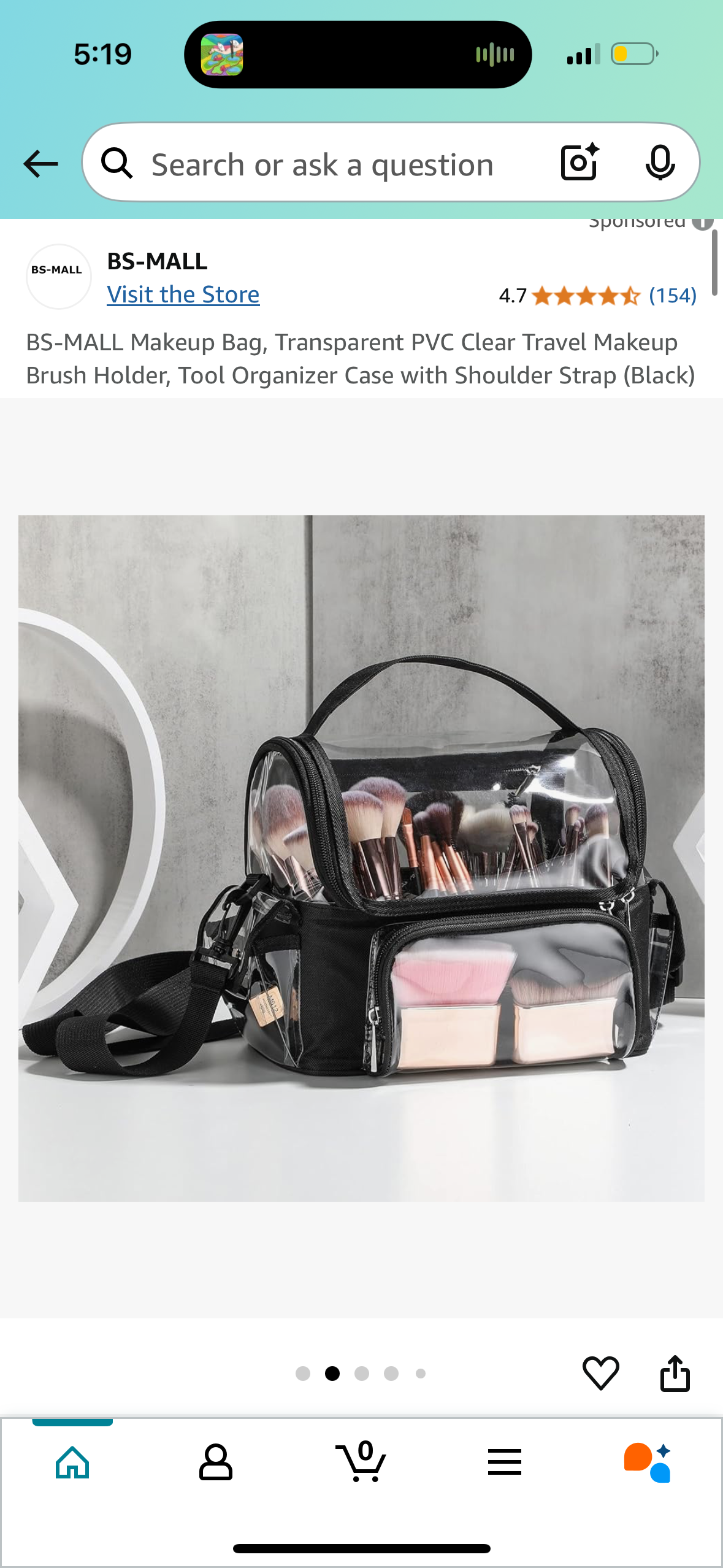 Makeup Bag, Transparent PVC Clear Travel Makeup Brush Holder, Tool Organizer Case with Shoulder Strap (Black)