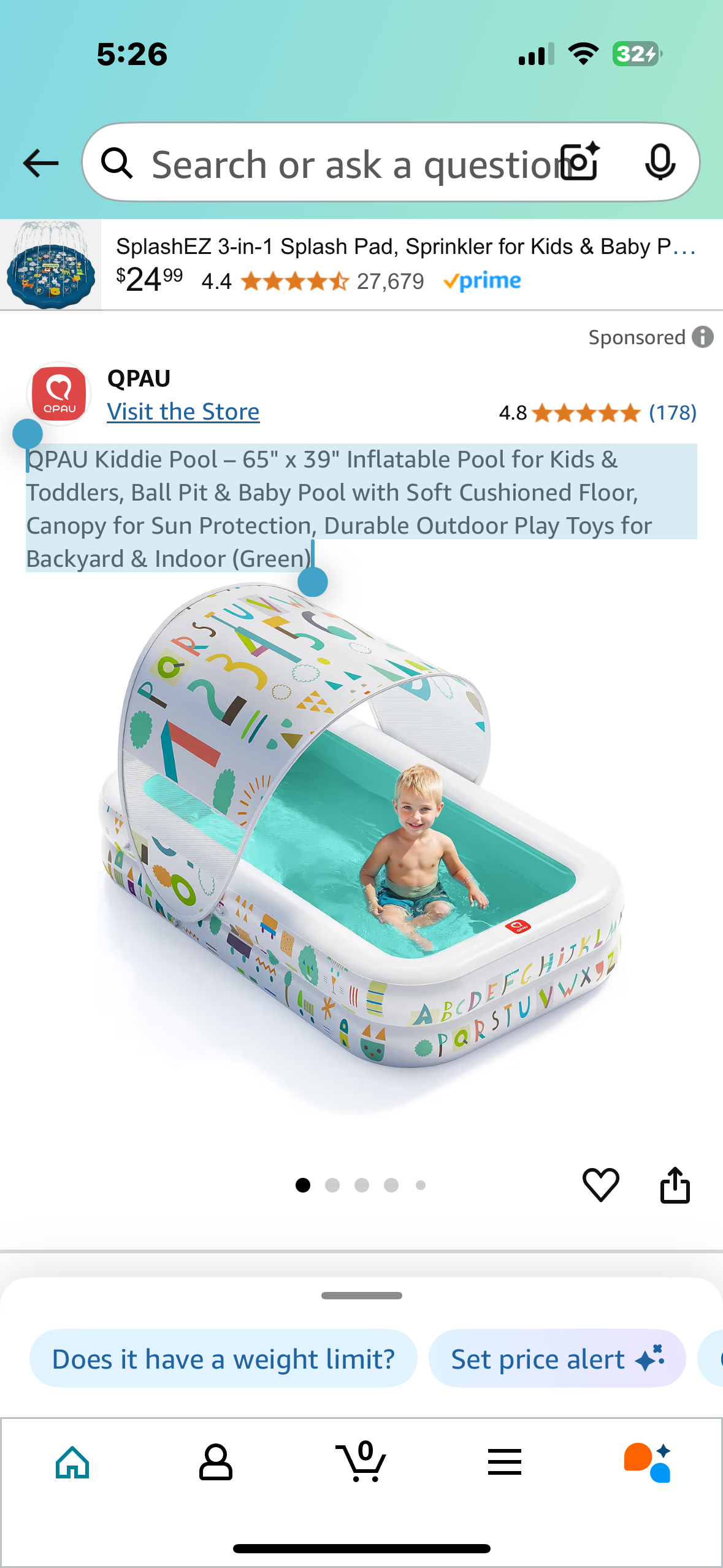 QPAU Kiddie Pool – 65" x 39" Inflatable Pool for Kids & Toddlers, Ball Pit & Baby Pool with Soft Cushioned Floor, Canopy for Sun Protection, Durable Outdoor Play Toys for Backyard & Indoor (Green