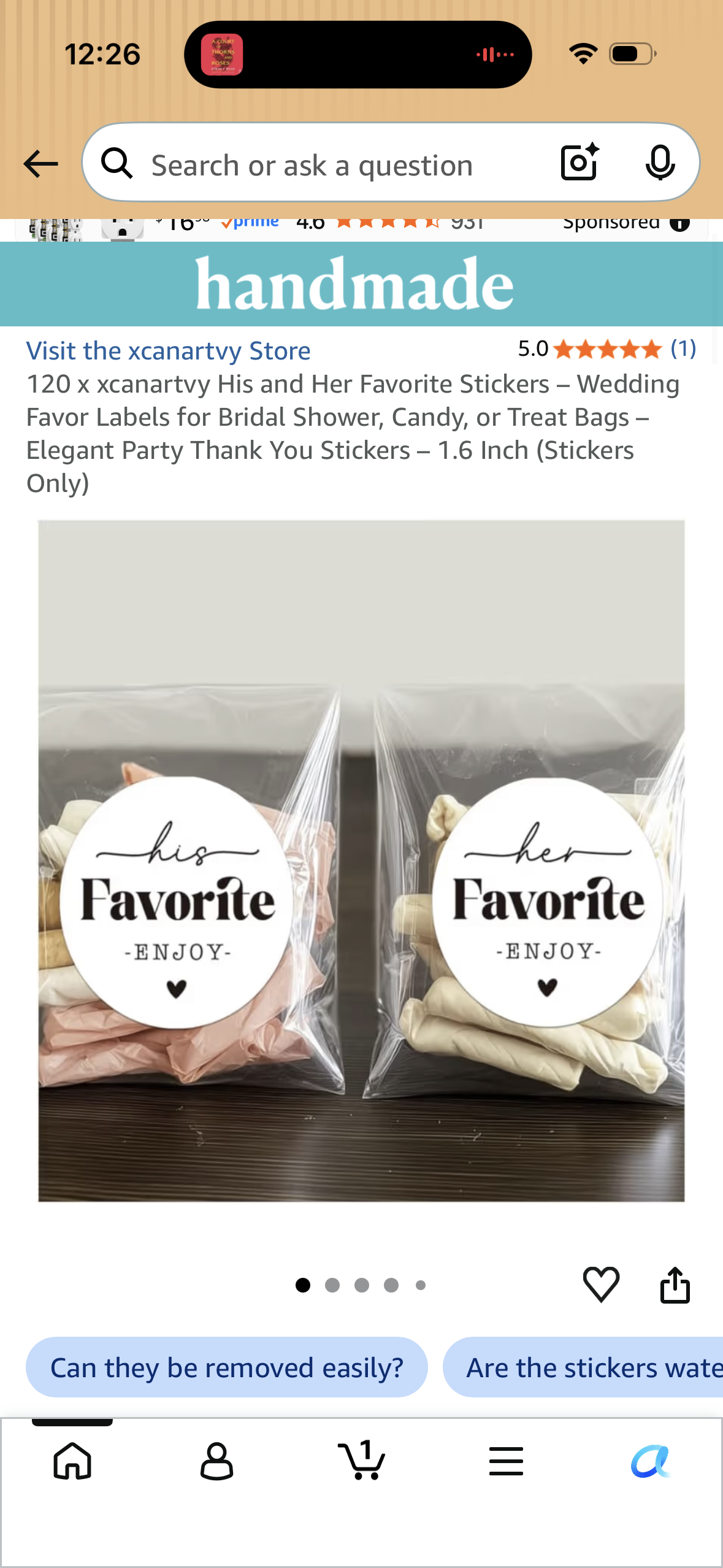 120 x xcanartvy His and Her Favorite Stickers – Wedding Favor Labels for Bridal Shower, Candy, or Treat Bags – Elegant Party Thank You Stickers – 1.6 Inch (Stickers Only)