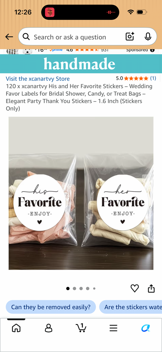 120 x xcanartvy His and Her Favorite Stickers – Wedding Favor Labels for Bridal Shower, Candy, or Treat Bags – Elegant Party Thank You Stickers – 1.6 Inch (Stickers Only)
