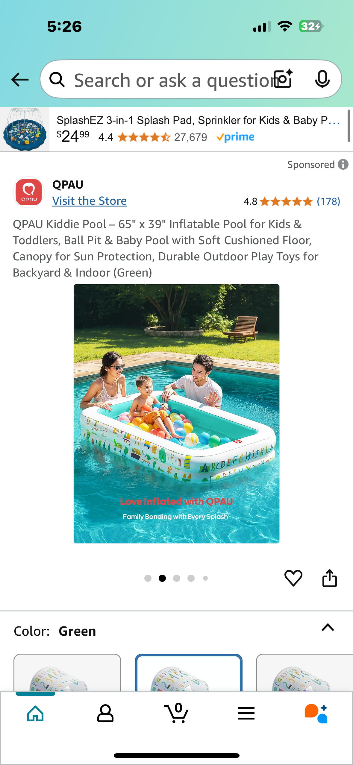 QPAU Kiddie Pool – 65" x 39" Inflatable Pool for Kids & Toddlers, Ball Pit & Baby Pool with Soft Cushioned Floor, Canopy for Sun Protection, Durable Outdoor Play Toys for Backyard & Indoor (Green