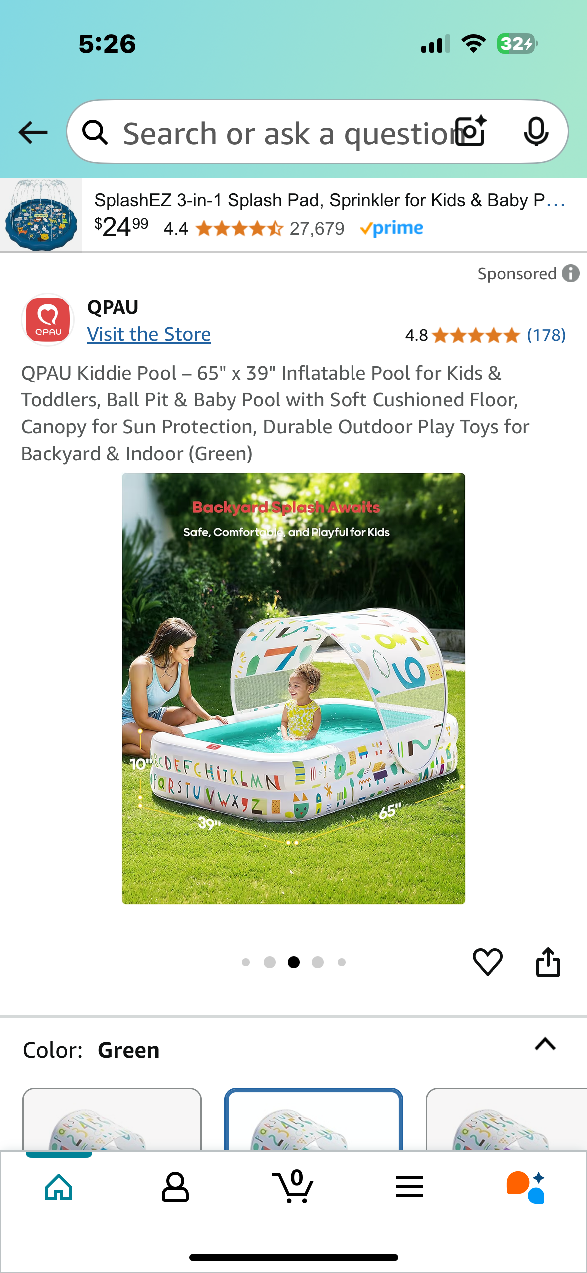 QPAU Kiddie Pool – 65" x 39" Inflatable Pool for Kids & Toddlers, Ball Pit & Baby Pool with Soft Cushioned Floor, Canopy for Sun Protection, Durable Outdoor Play Toys for Backyard & Indoor (Green