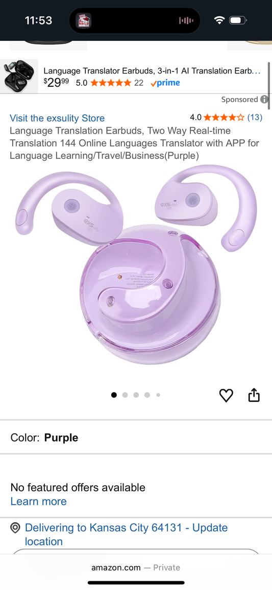 exsulity Language Translation Earbuds, Two Way Real-time Translation 144 Online Languages Translator with APP for Language Learning/Travel/Business(Purple)