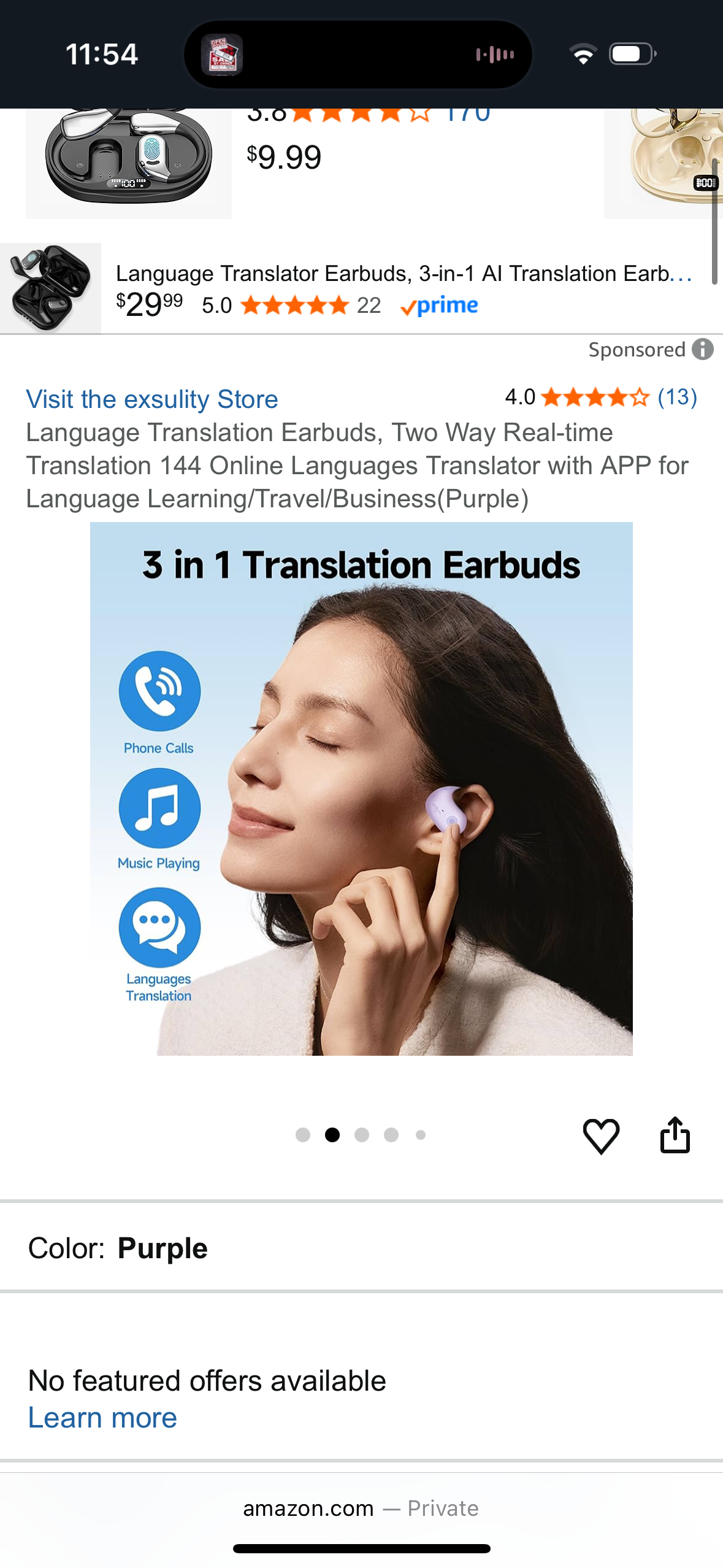 exsulity Language Translation Earbuds, Two Way Real-time Translation 144 Online Languages Translator with APP for Language Learning/Travel/Business(Purple)