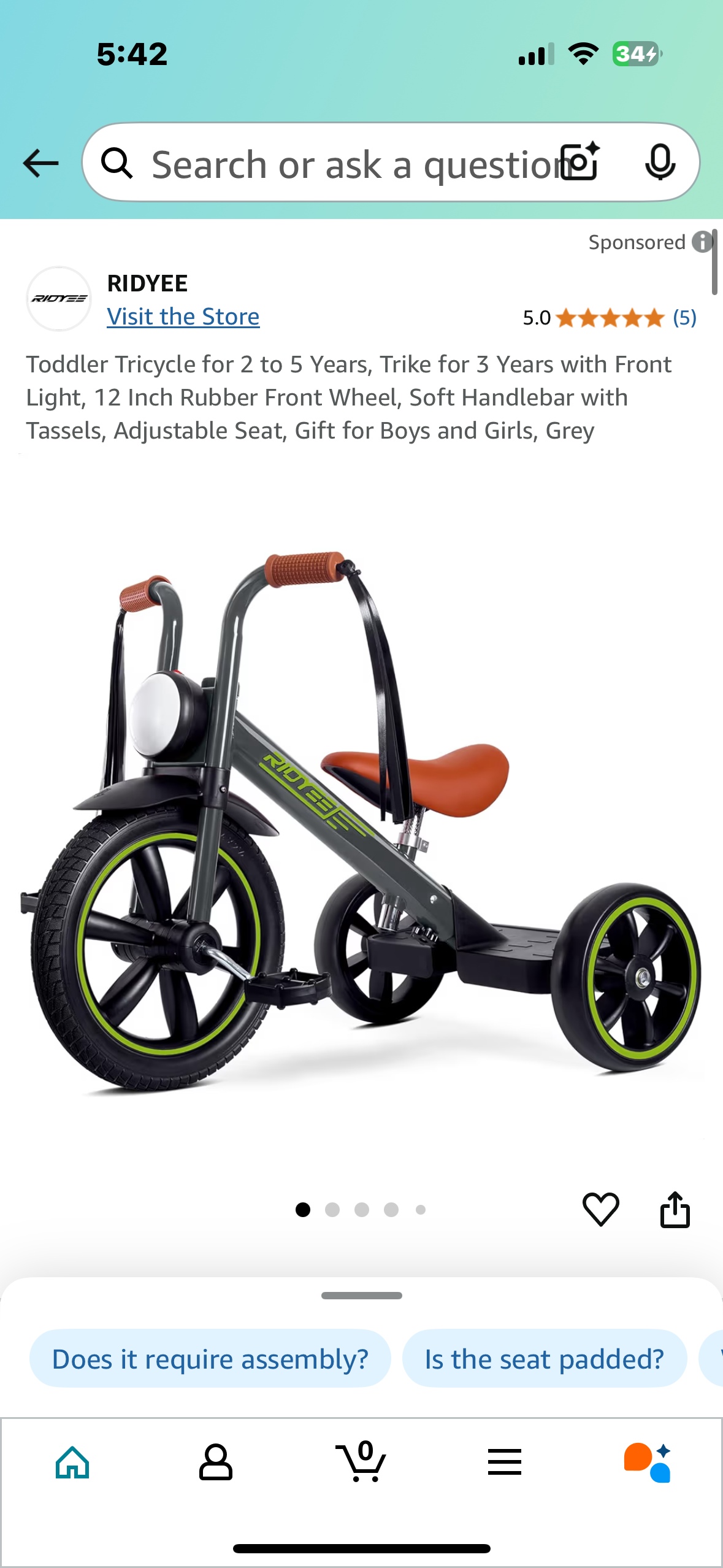 Toddler Tricycle for 2 to 5 Years, Trike for 3 Years with Front Light, 12 Inch Rubber Front Wheel, Soft Handlebar with Tassels, Adjustable Seat, Gift for Boys and Girls, Grey