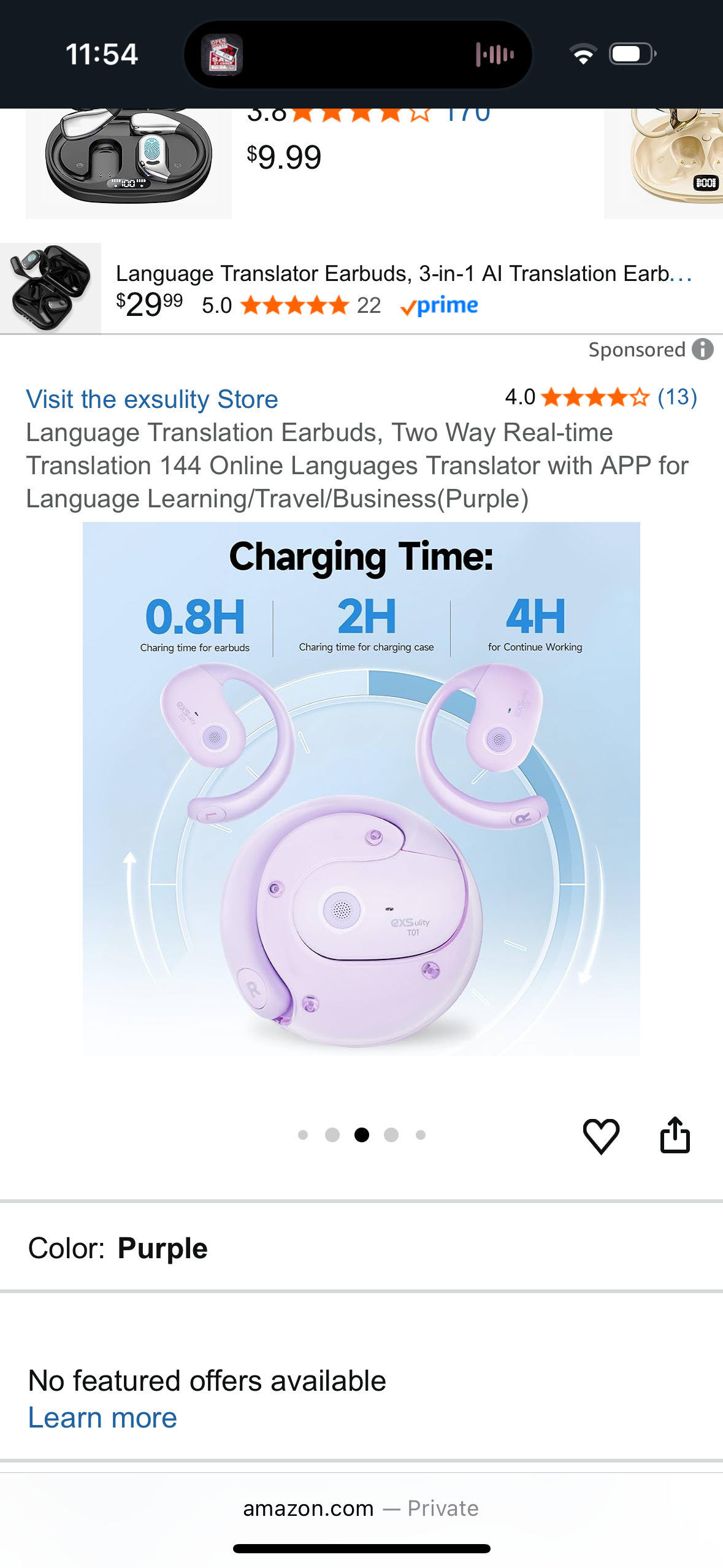 exsulity Language Translation Earbuds, Two Way Real-time Translation 144 Online Languages Translator with APP for Language Learning/Travel/Business(Purple)