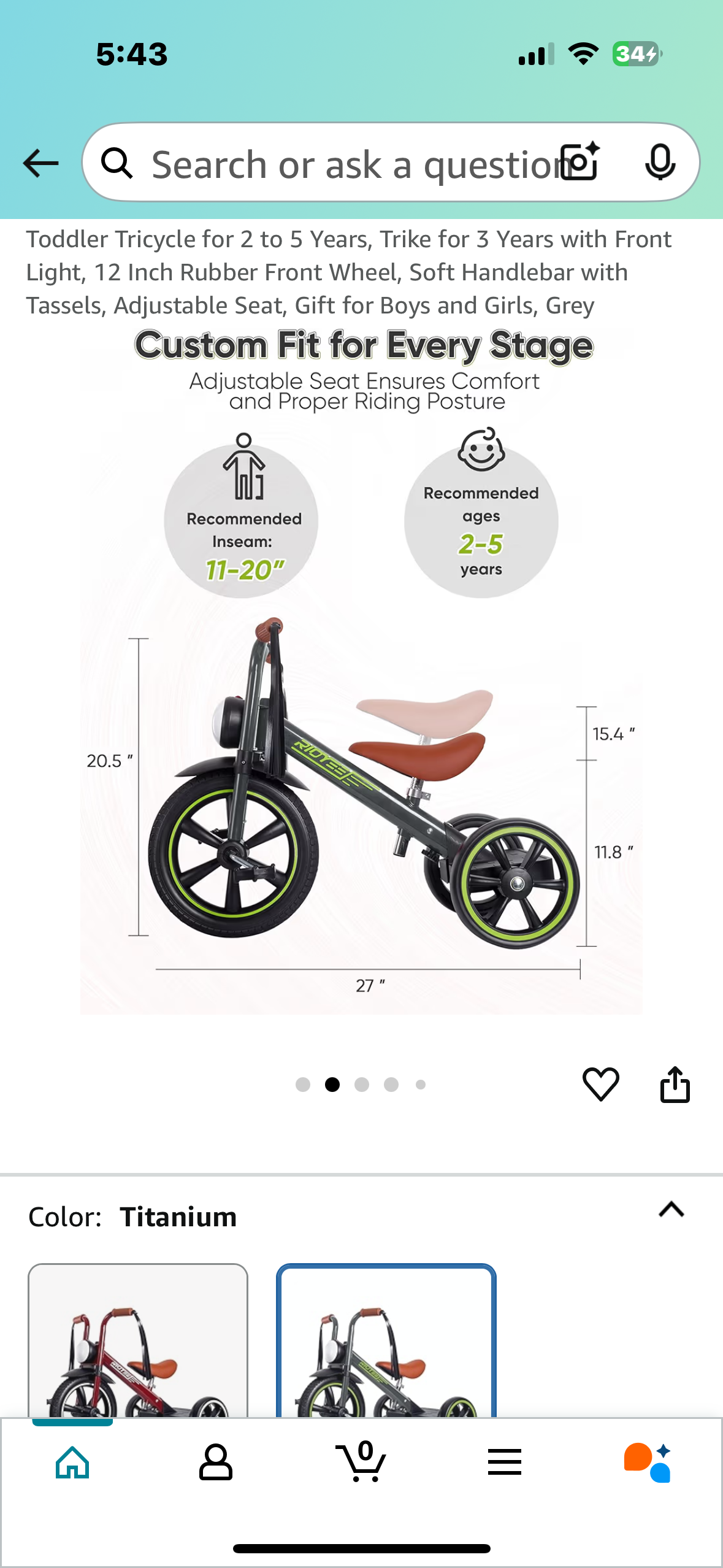 Toddler Tricycle for 2 to 5 Years, Trike for 3 Years with Front Light, 12 Inch Rubber Front Wheel, Soft Handlebar with Tassels, Adjustable Seat, Gift for Boys and Girls, Grey